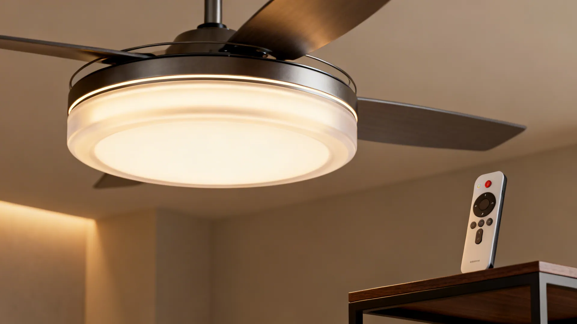 Ceiling fan with integrated LED and a smart remote control on a side table