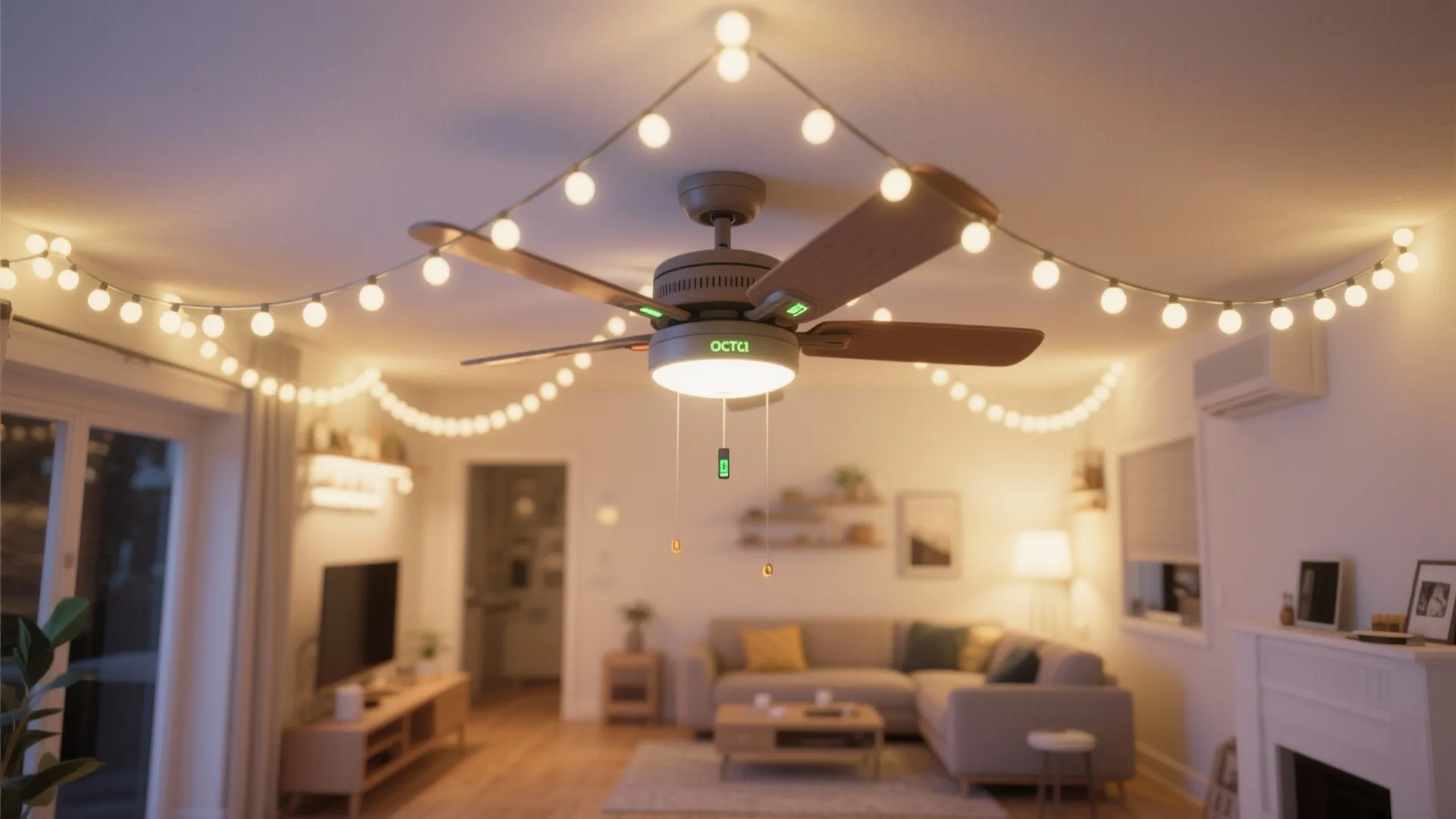 4. String Lights Wound Through a Ceiling Fan