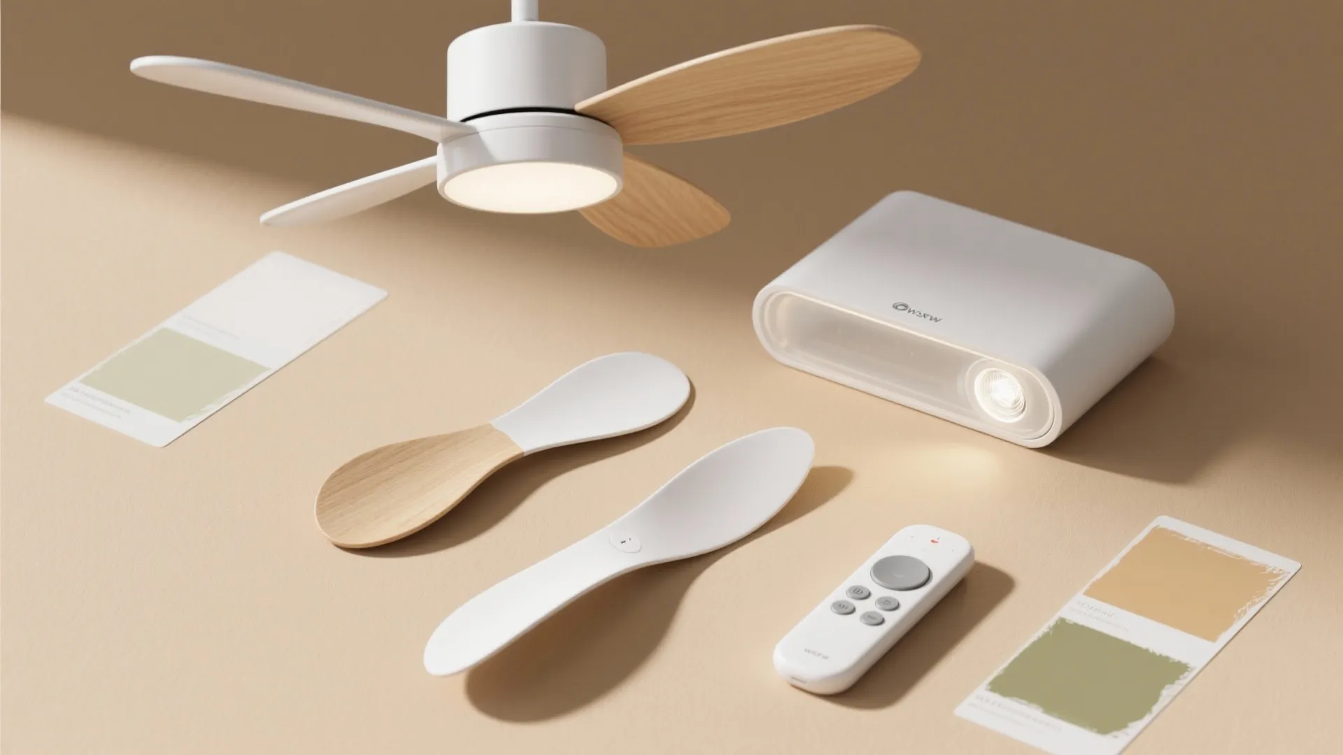 Small white ceiling light with wooden blades surrounded by a remote control and color samples