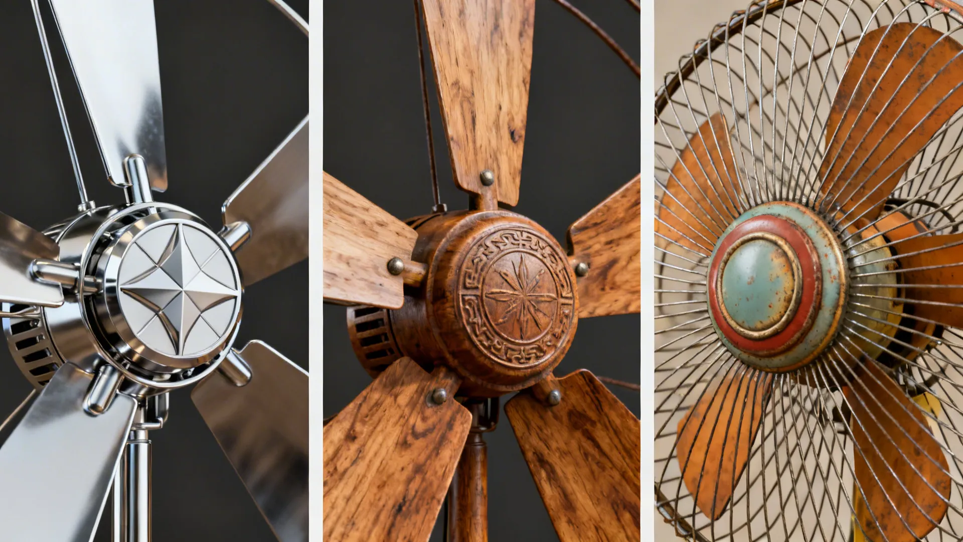 Three fan styles side-by-side: modern chrome, rustic oak-blade, and mid-century retro, showing finishes and blade details.