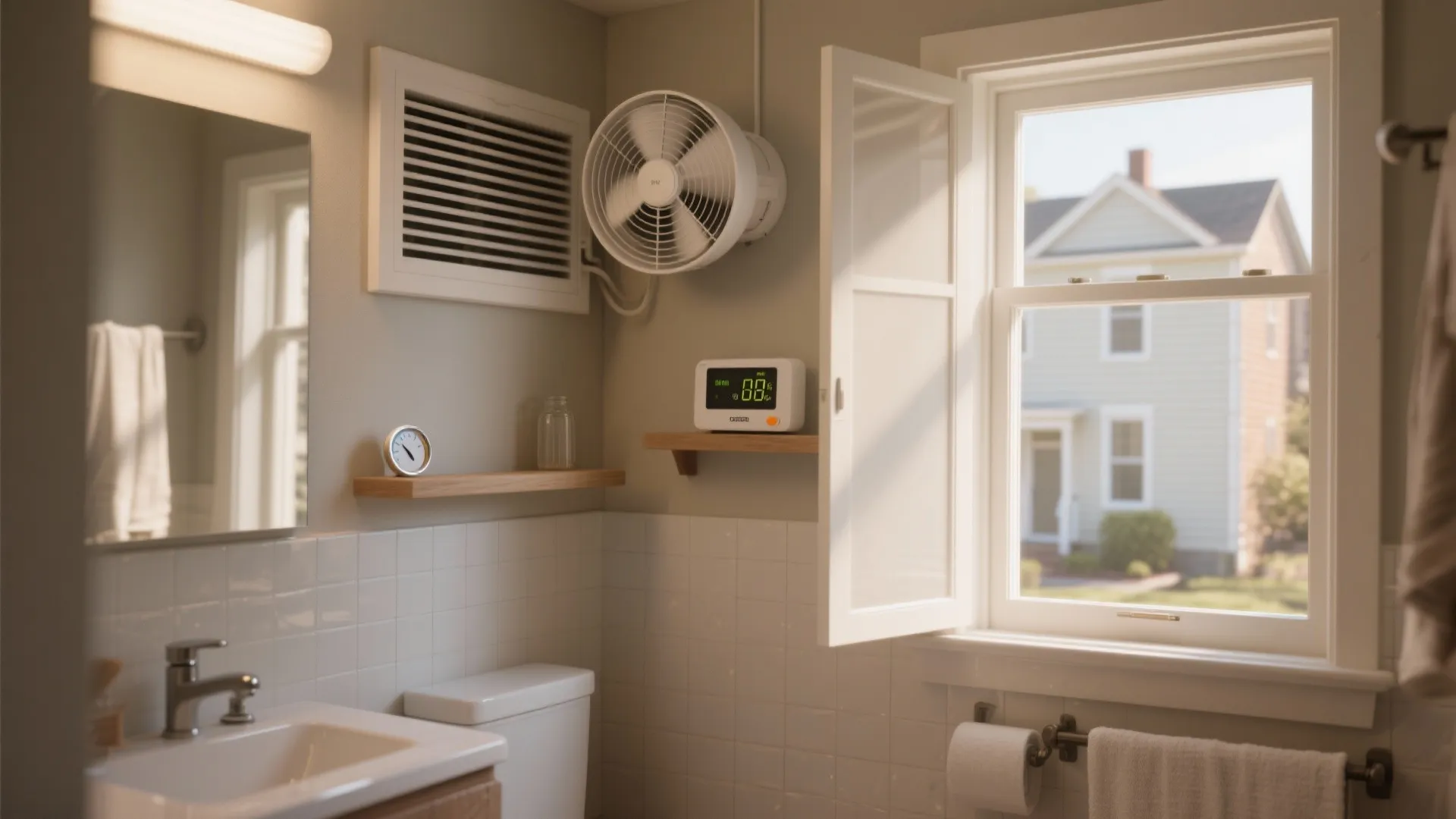 Modern bathroom with white wall fan, digital thermometer, sink, toilet, window, and bright natural lighting