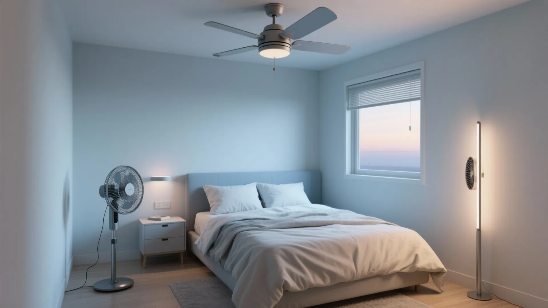 Minimalist blue bedroom with ceiling light fan floor fan and standing light by the window