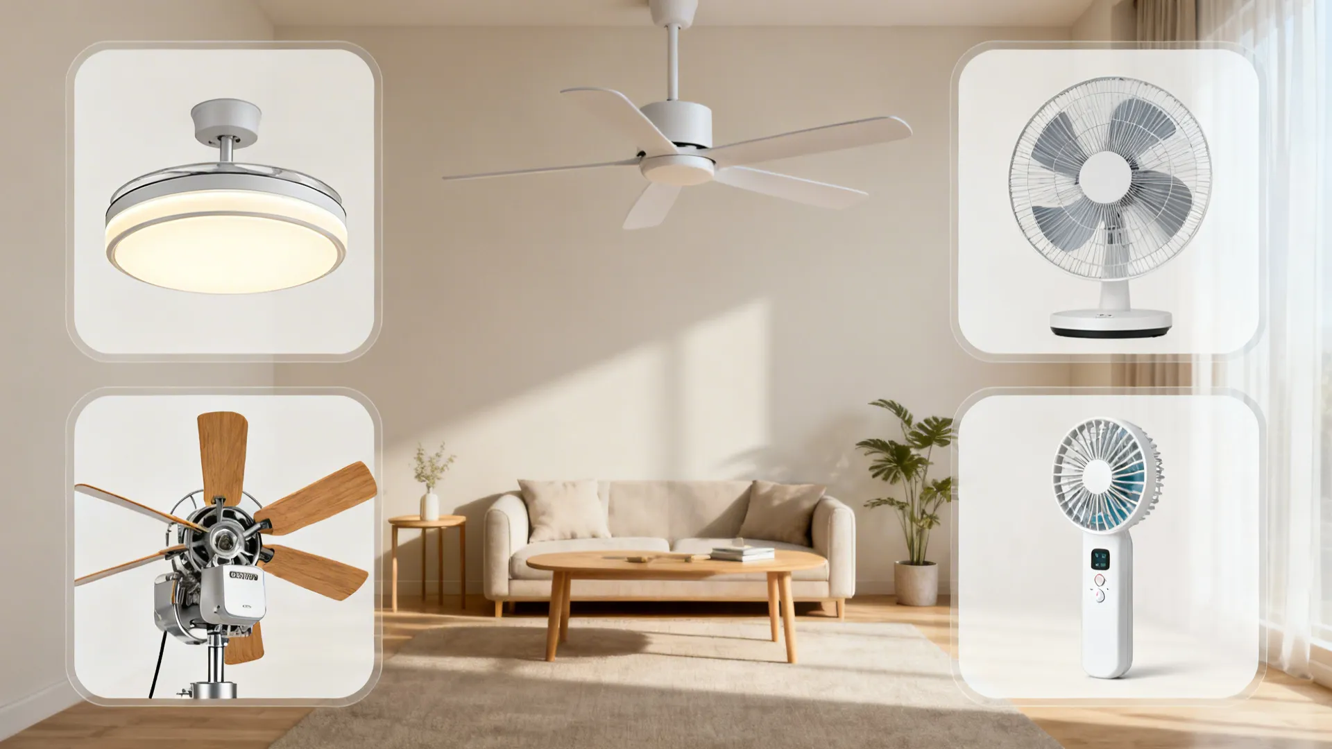 Designer FAQ board showing different small-room ceiling fan types in inset frames: flush mount, integrated light, three-blade, reversible, remote-controlled.
