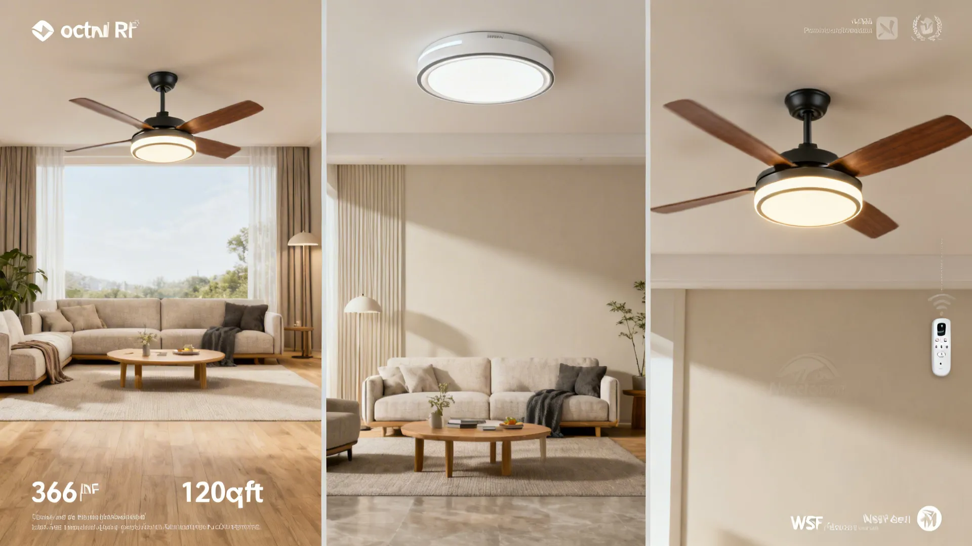Montage of small living room fan setups illustrating size, clearance, and integrated lighting options.