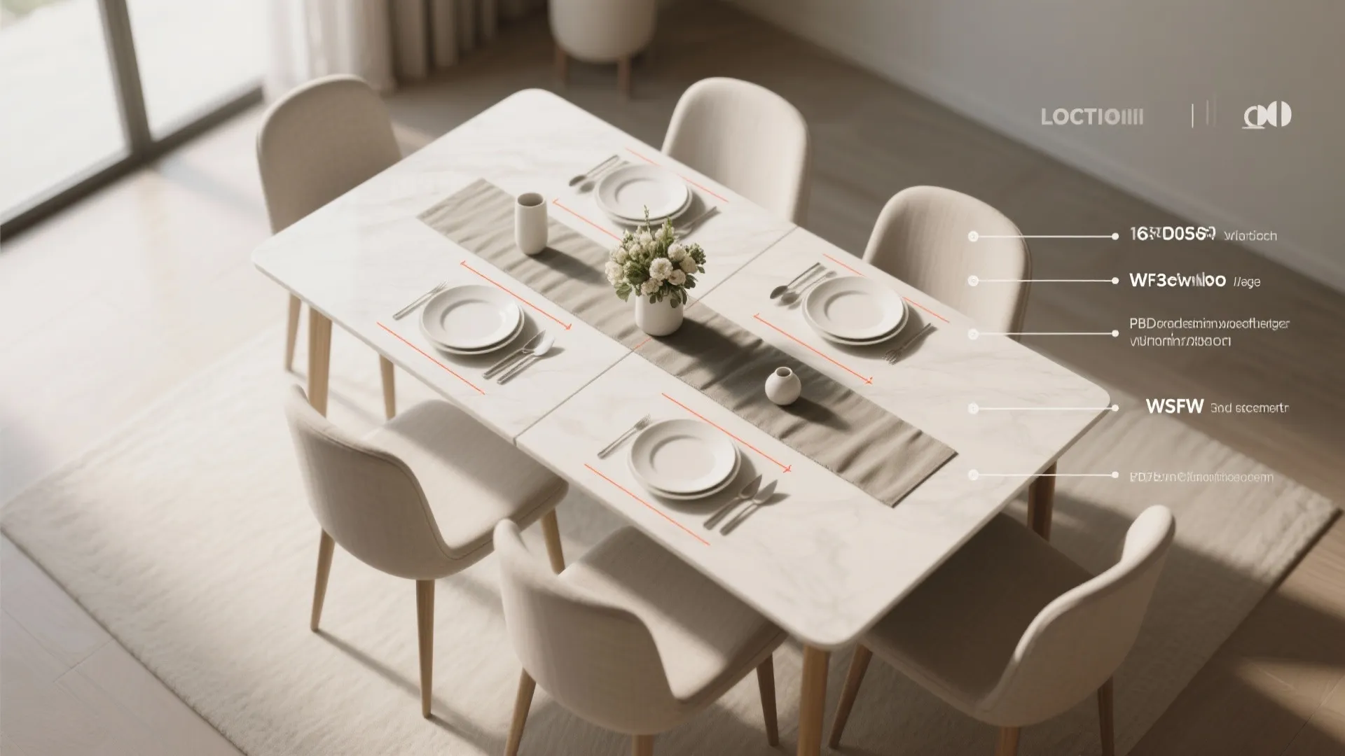 Dining table set with plates and chairs showing interior design labels for different furniture items