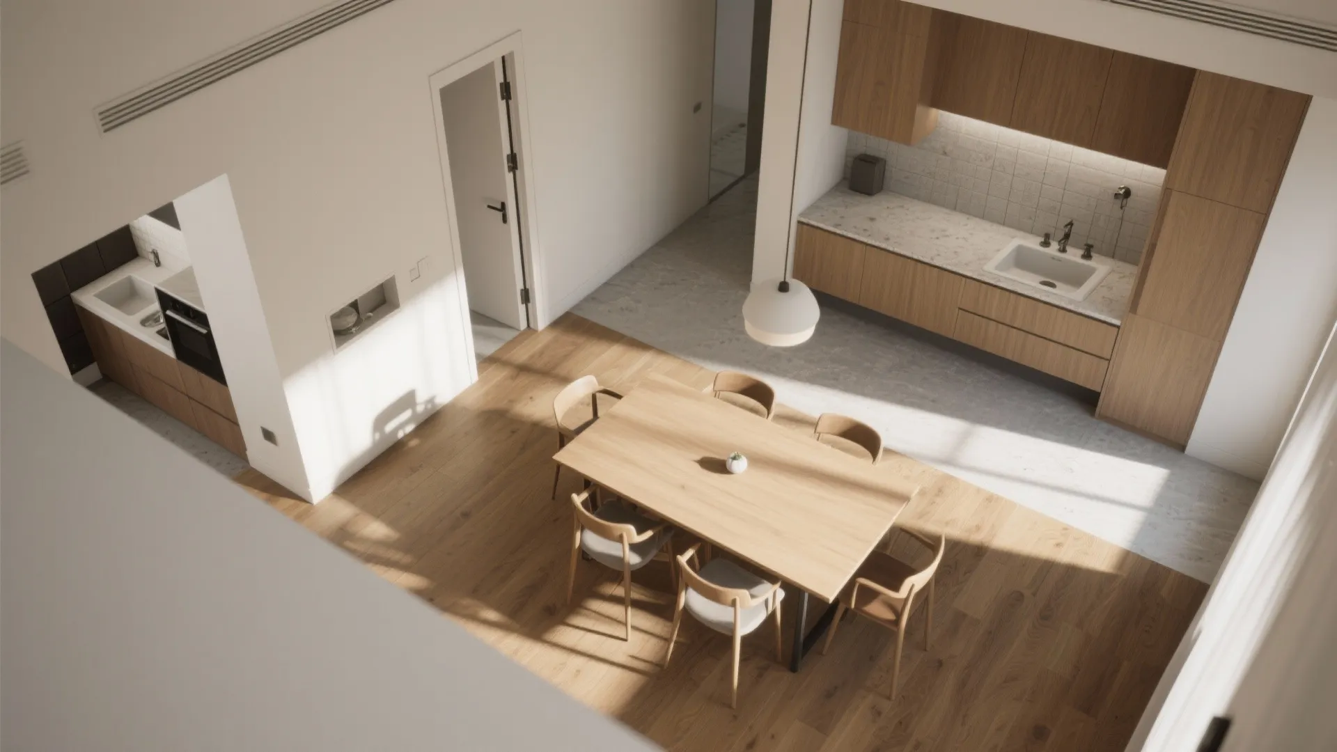 High angle interior design drawing of modern kitchen and dining room with wooden furniture lights