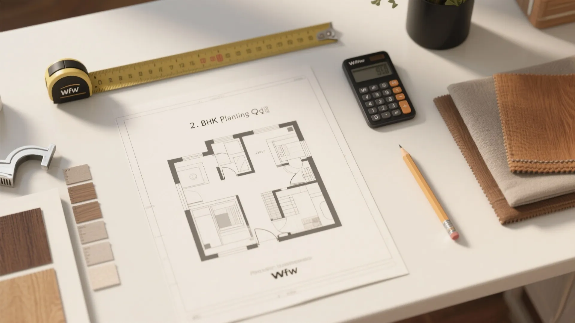 Top-down flat lay of planning tools and material swatches for a 2 BHK interior.