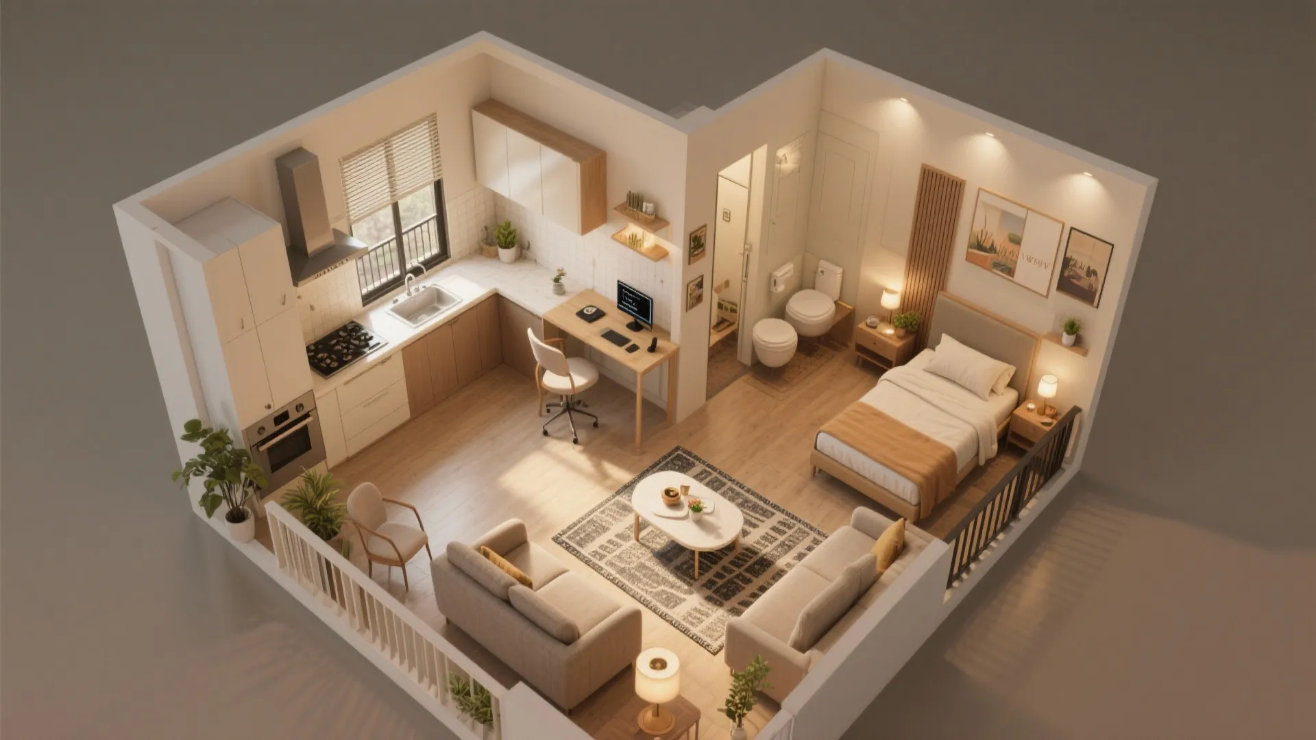 3D interior design drawing of studio apartment with kitchen desk bed sofa and wood floor