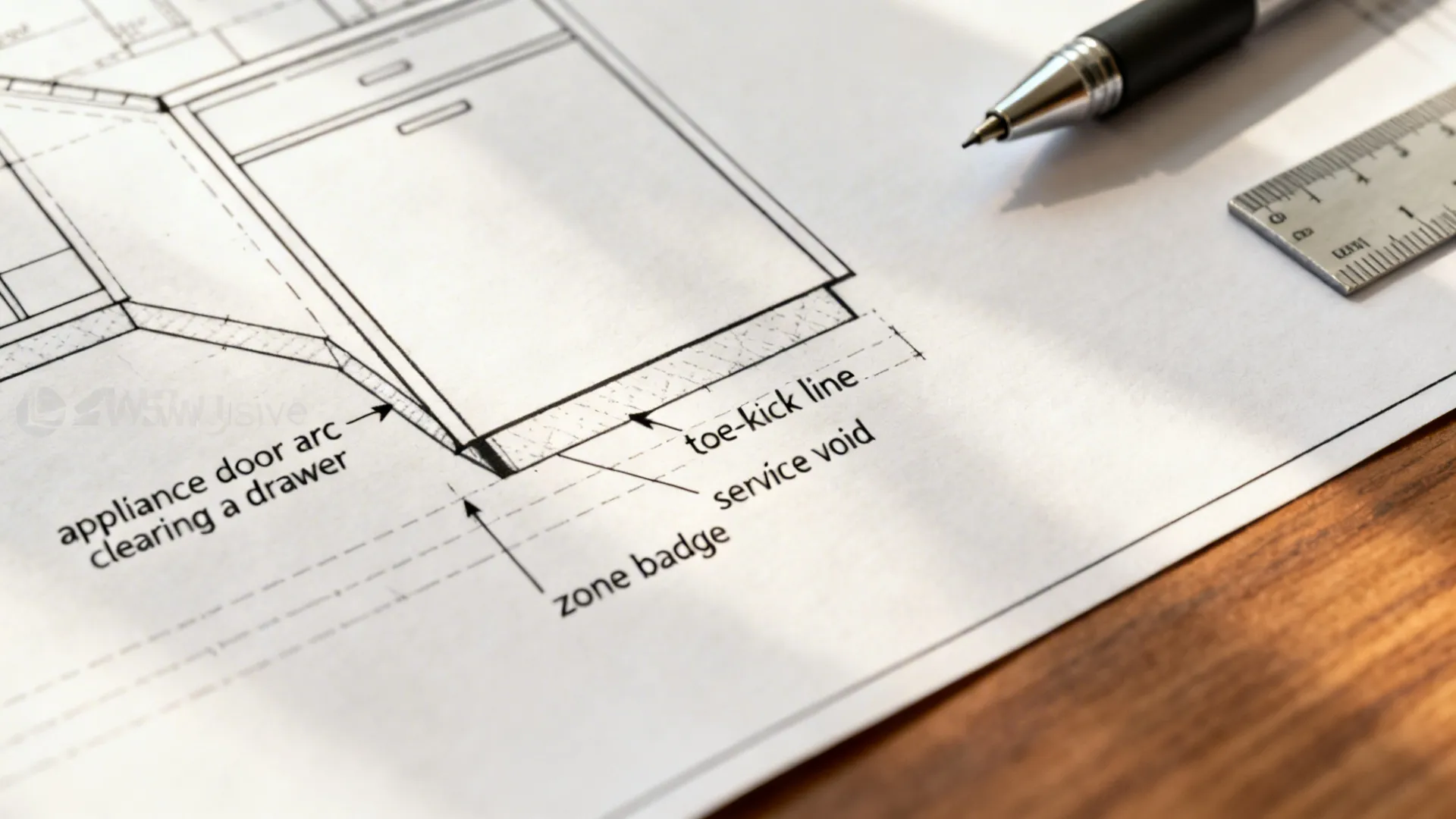 Macro view of a 2D plan corner with door arcs, toe-kick, service void, and tidy annotations on drafting paper.
