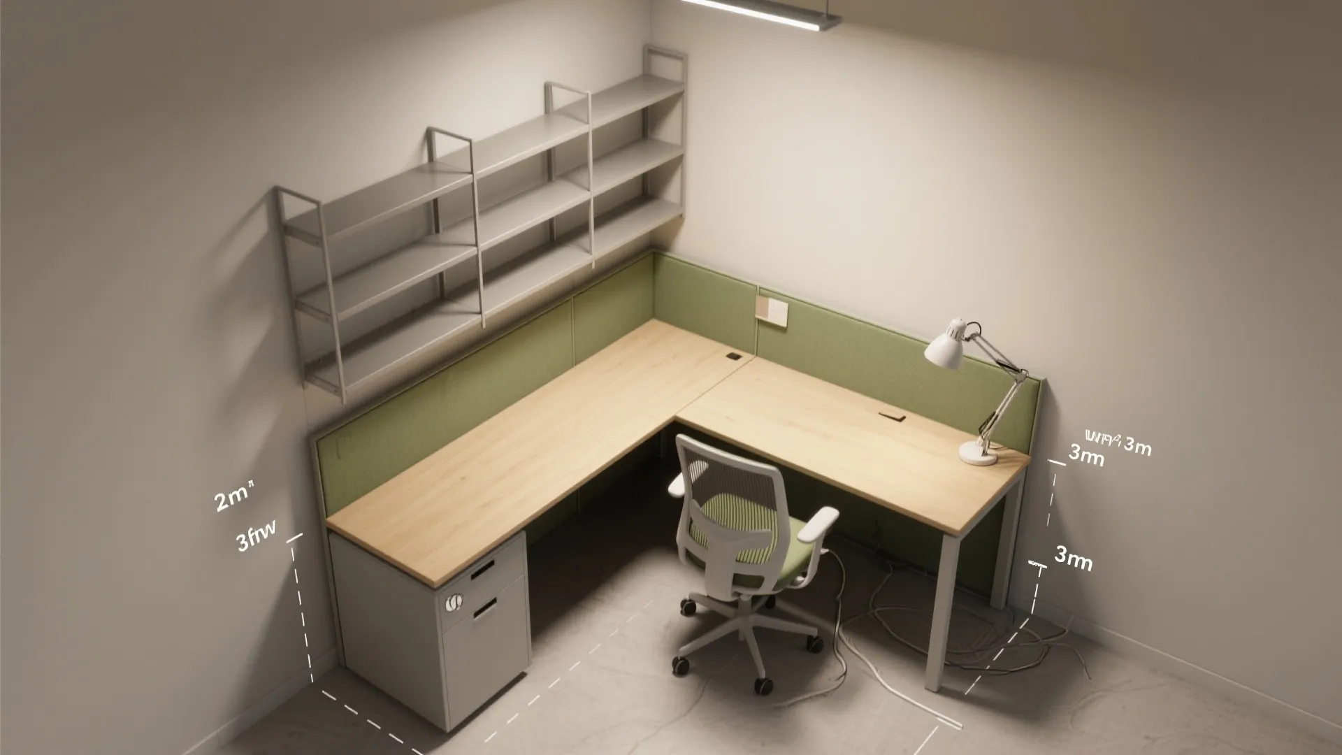 Office room layout showing an L-shaped wooden desk with white chair shelves and measurement labels