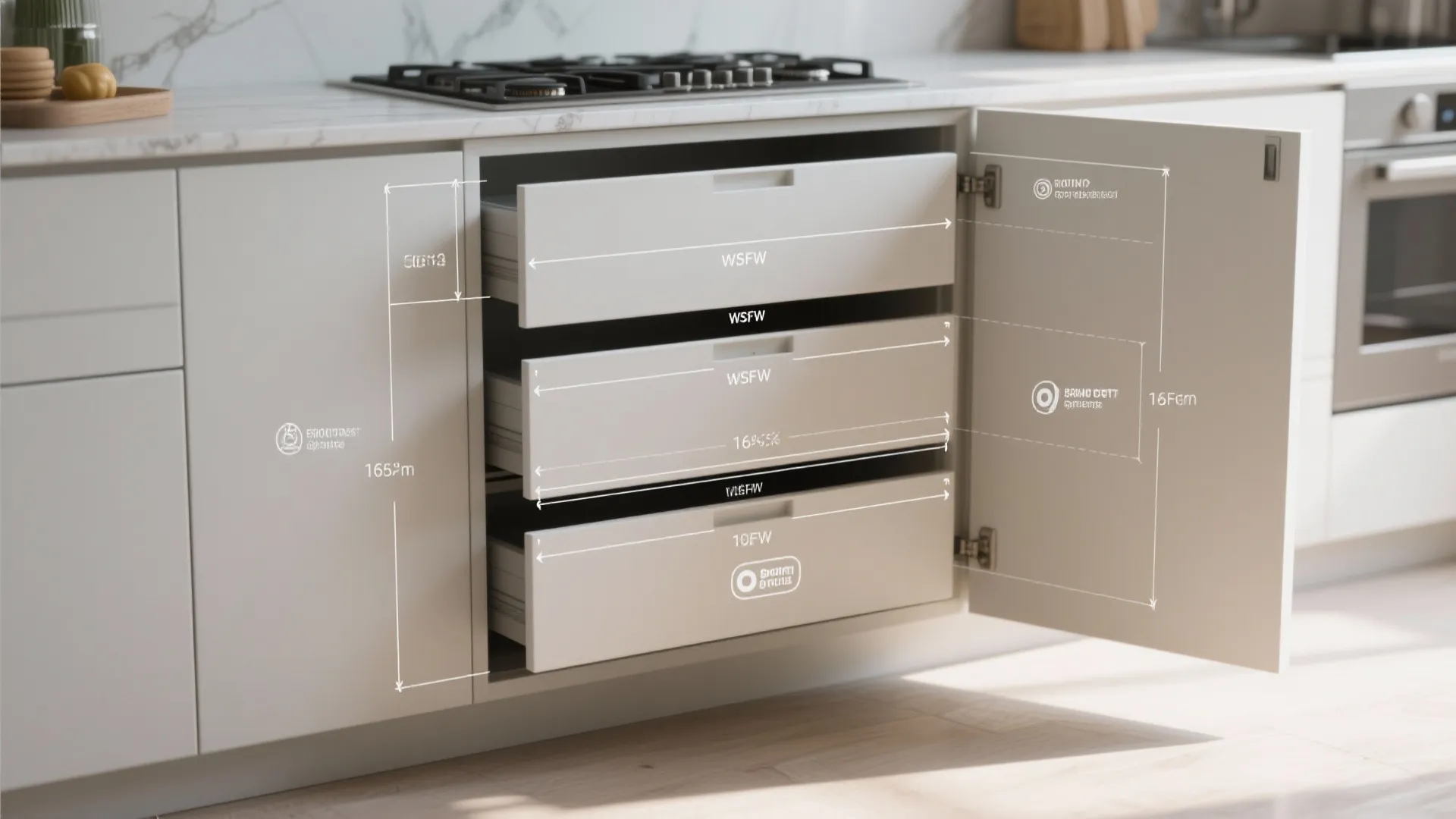 Modern white kitchen cabinet showing three open drawers with white measurement lines for interior design