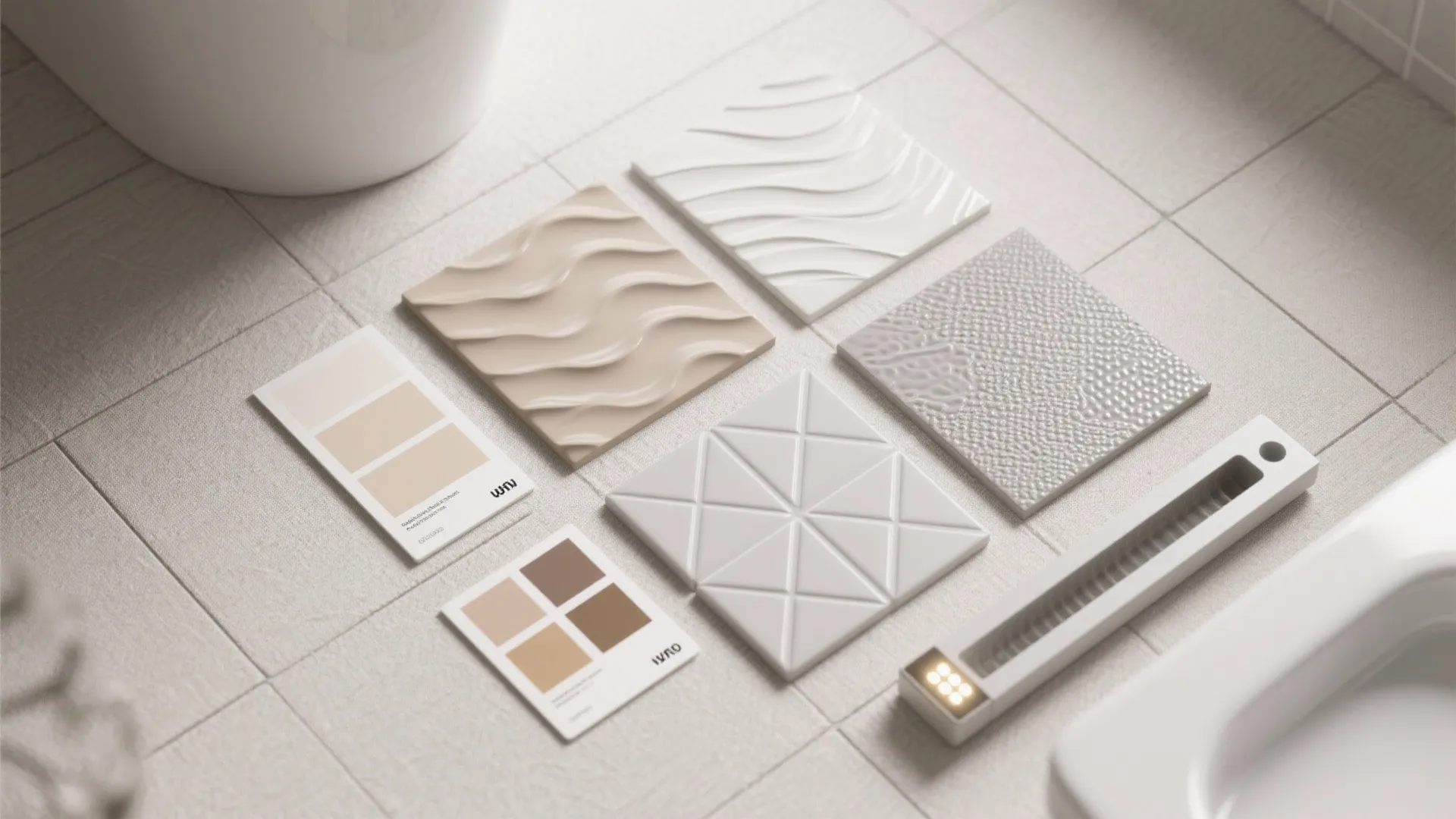 Collection of textured wall tiles and color palettes on a floor with modern light fixture