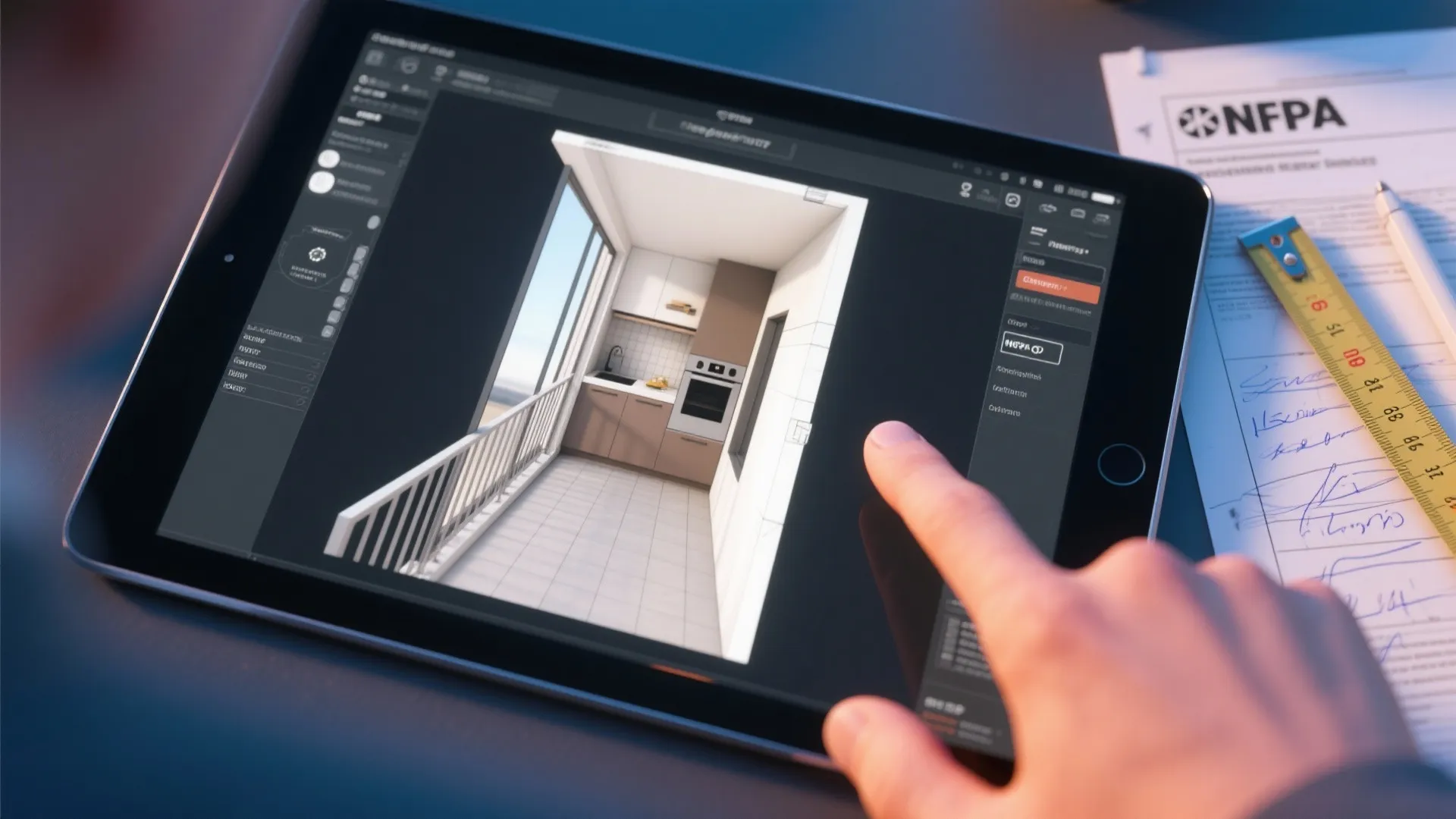 Person using a tablet to view a small balcony kitchen interior design drawing on screen