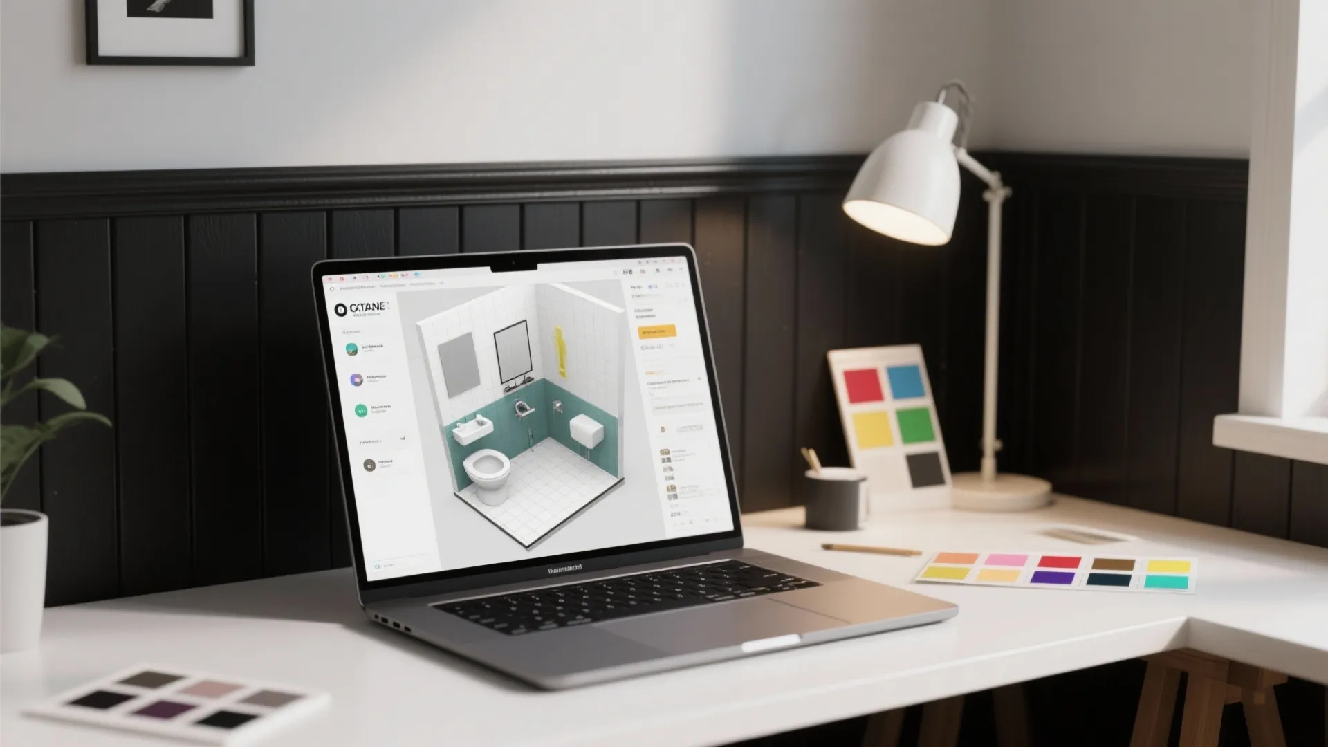 Workspace with laptop showing 3D bathroom mockup and swatches for black beadboard planning
