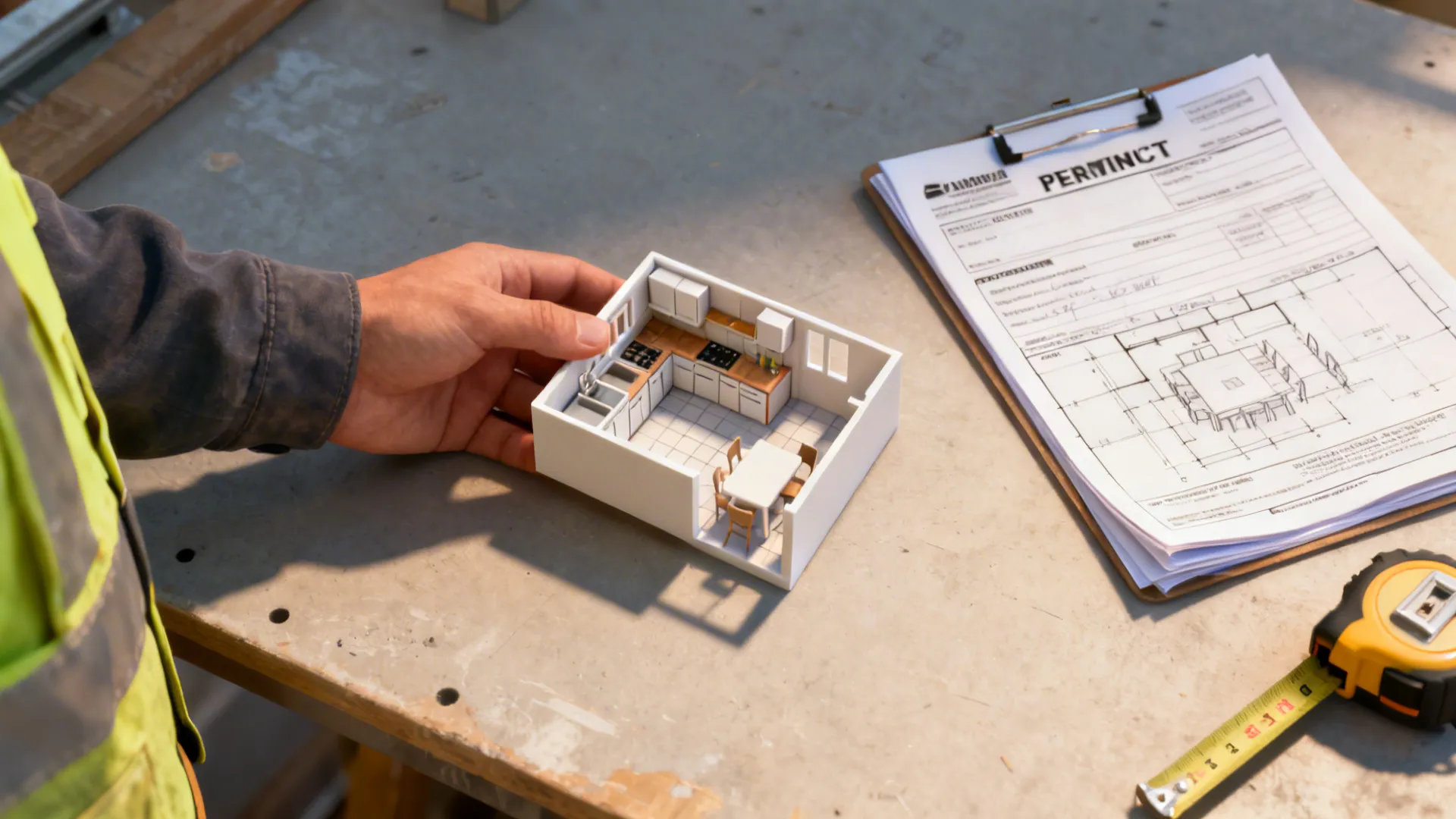 Hand holding small kitchen model next to paper floor plan and yellow tape measure tools