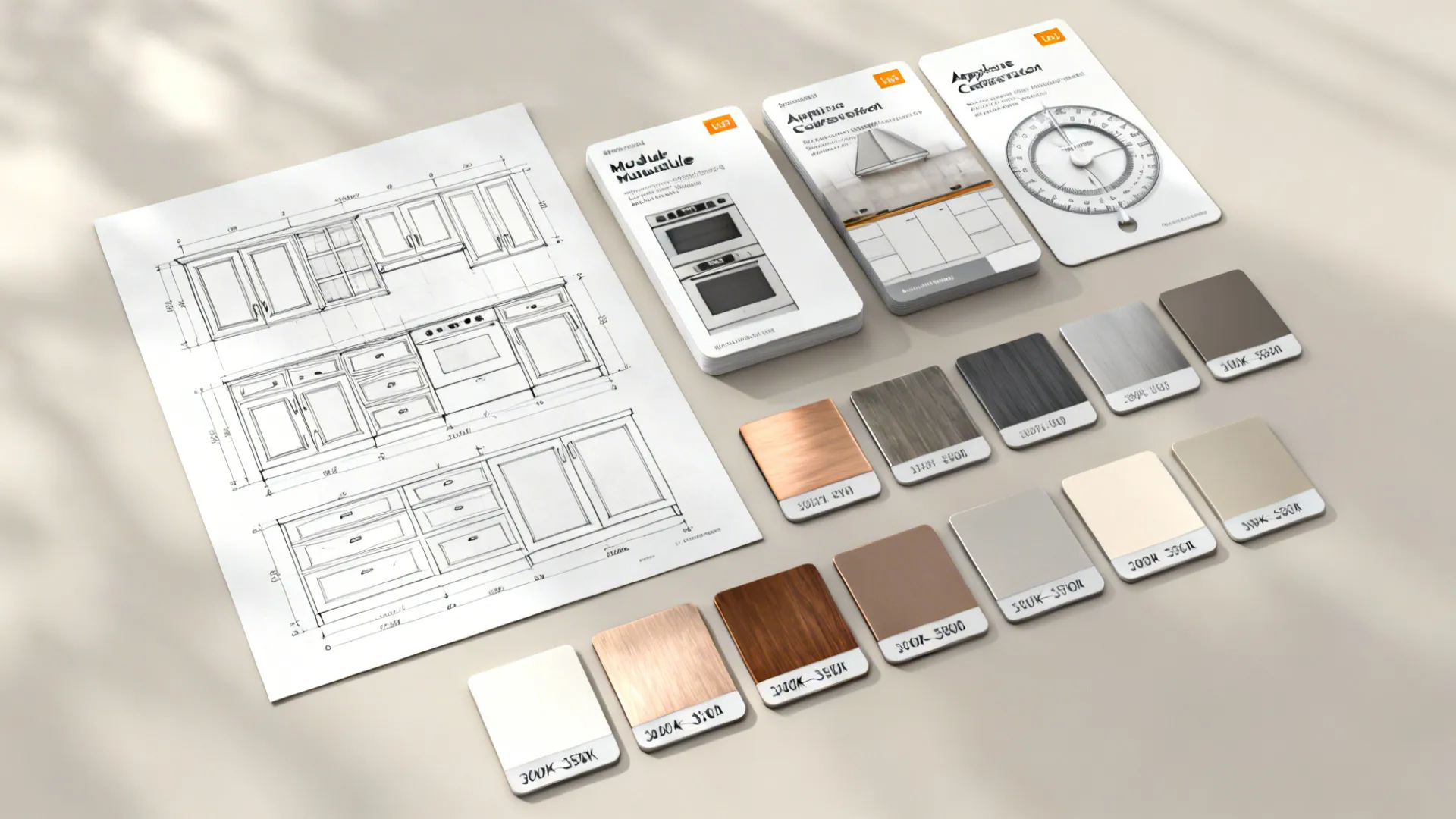 Kitchen cabinet design drawings with various material samples including wood and metal for home projects