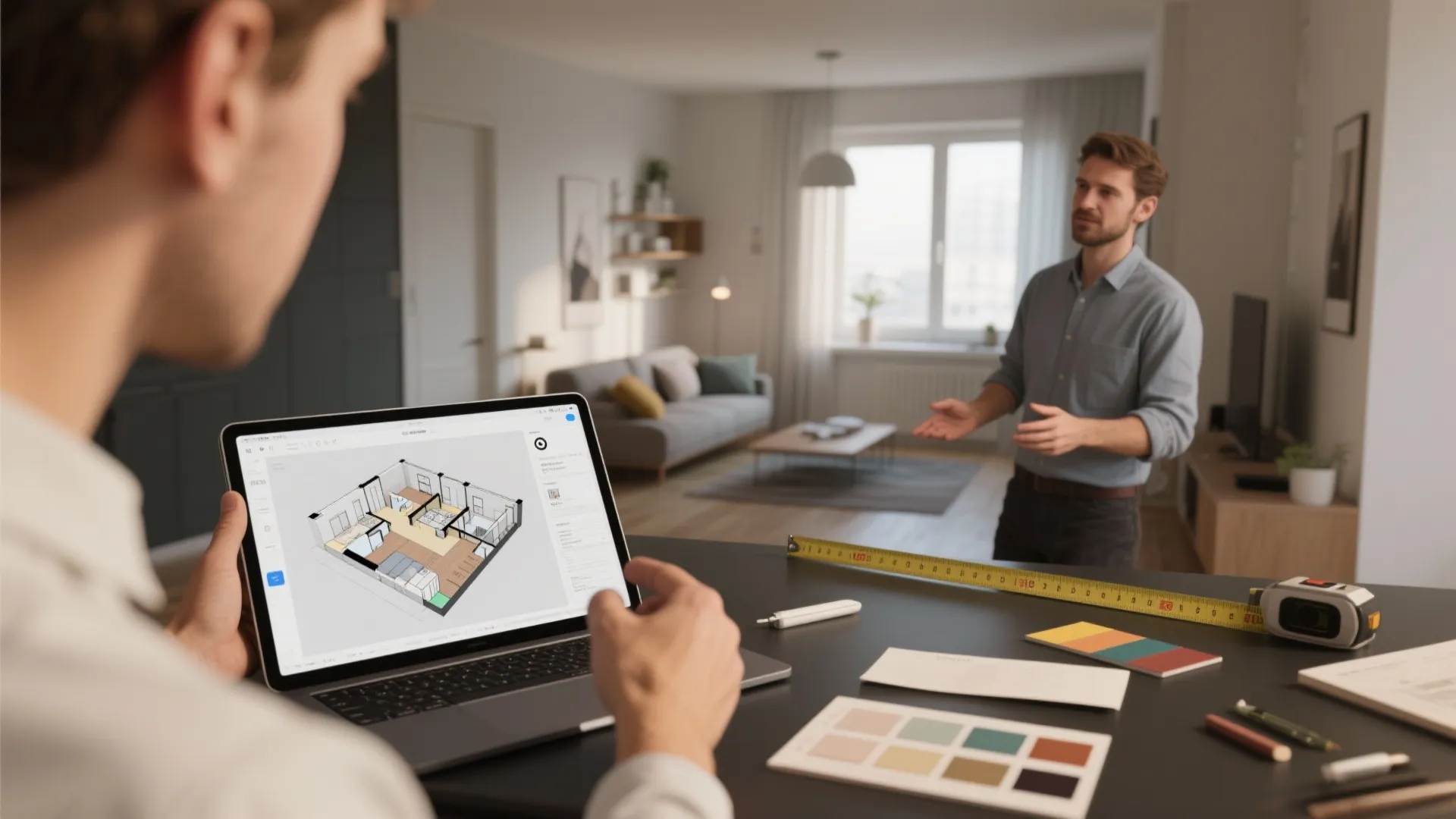 Designer using laptop to show a 3D floor plan layout to client in living room