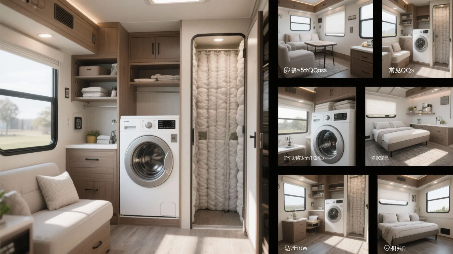 Collage showing stacked washer-dryer, insulation detail, and vertical storage solutions inside a 5th wheel.
