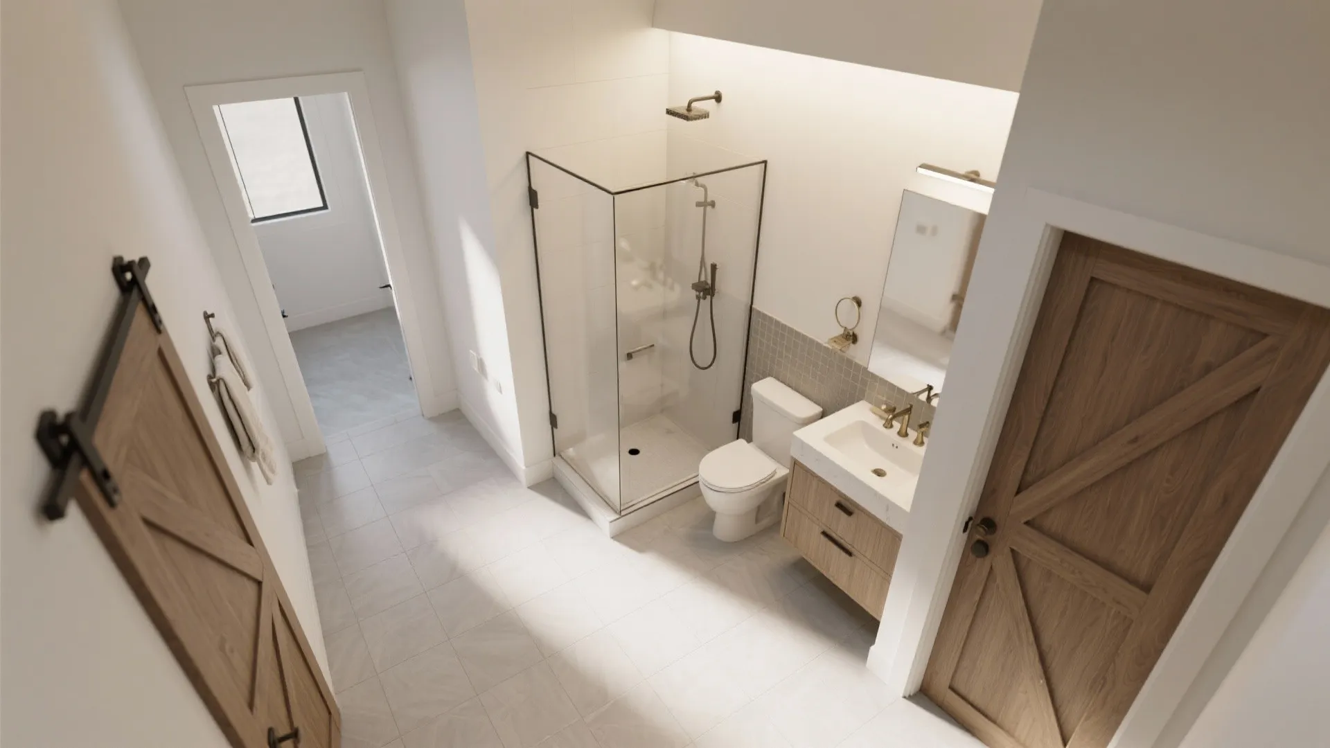 Modern bathroom with glass shower stall toilet wooden vanity white sink mirror and barn style door