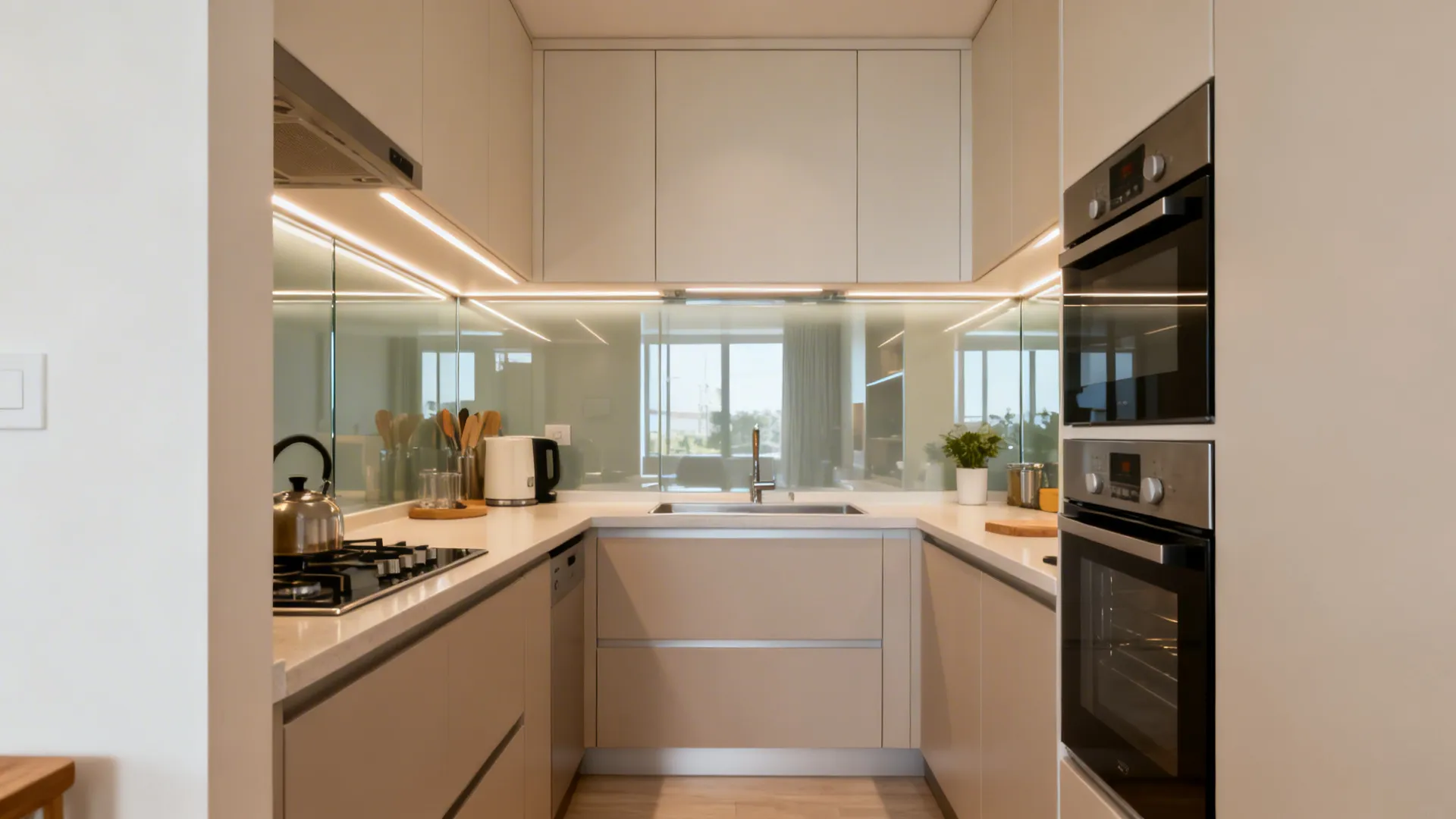 Compact U-shaped kitchen featuring cream cabinets under cabinet lighting built in ovens and gas stove