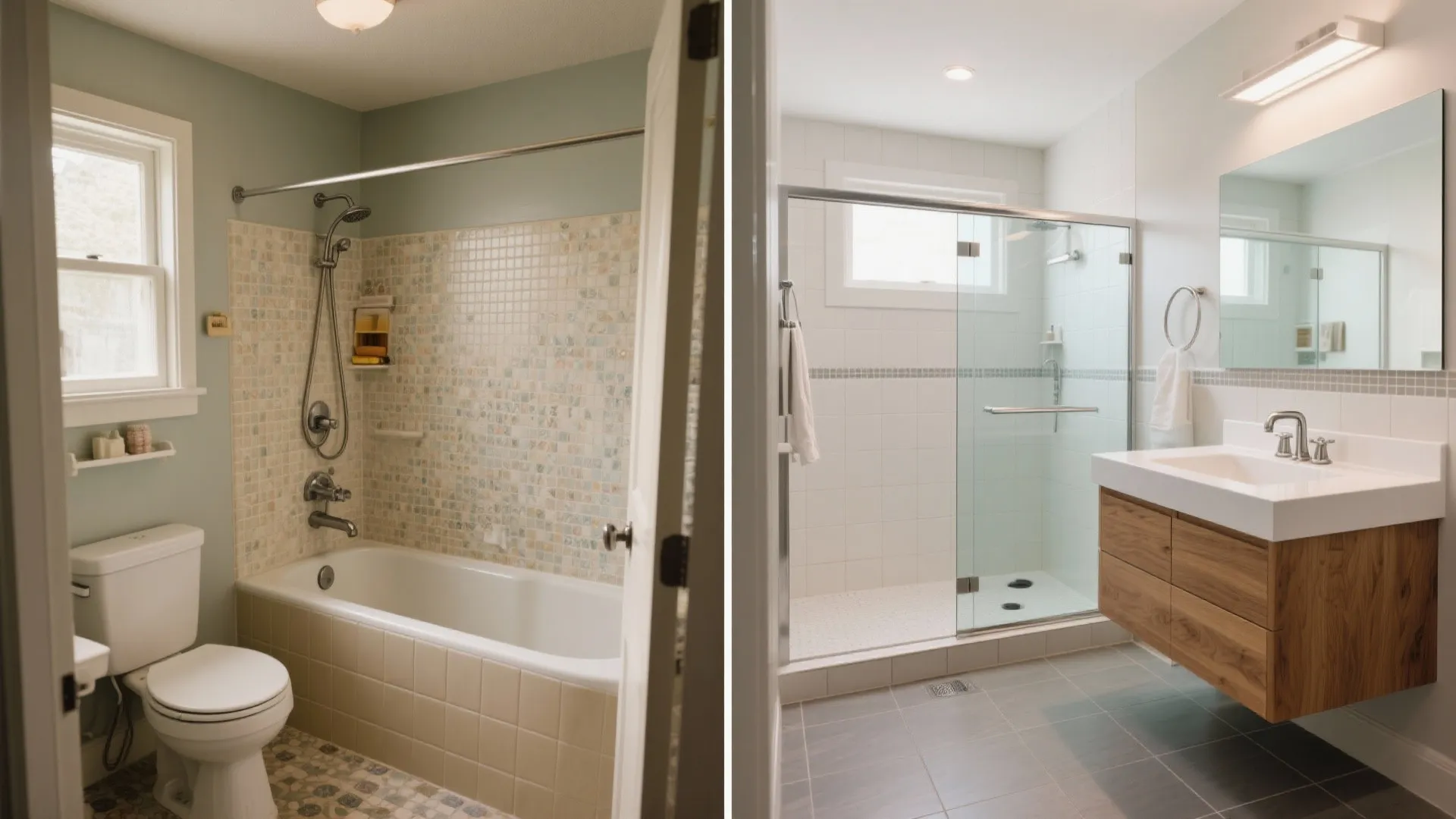 Before and after comparison of old bathroom with bathtub versus new modern walk in shower