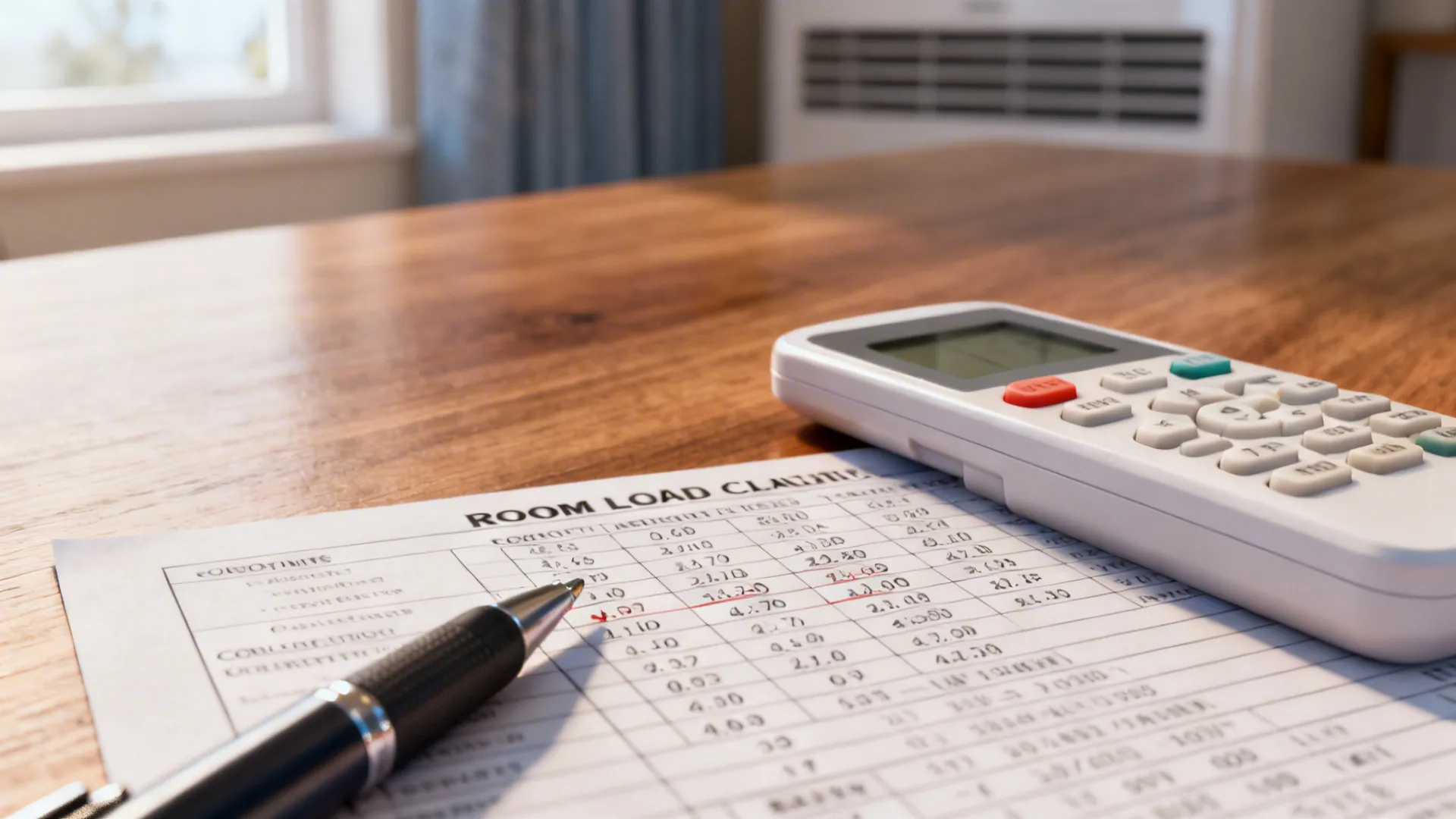 Close-up of AC remote and load calculation notes illustrating capacity and sizing considerations for large living rooms