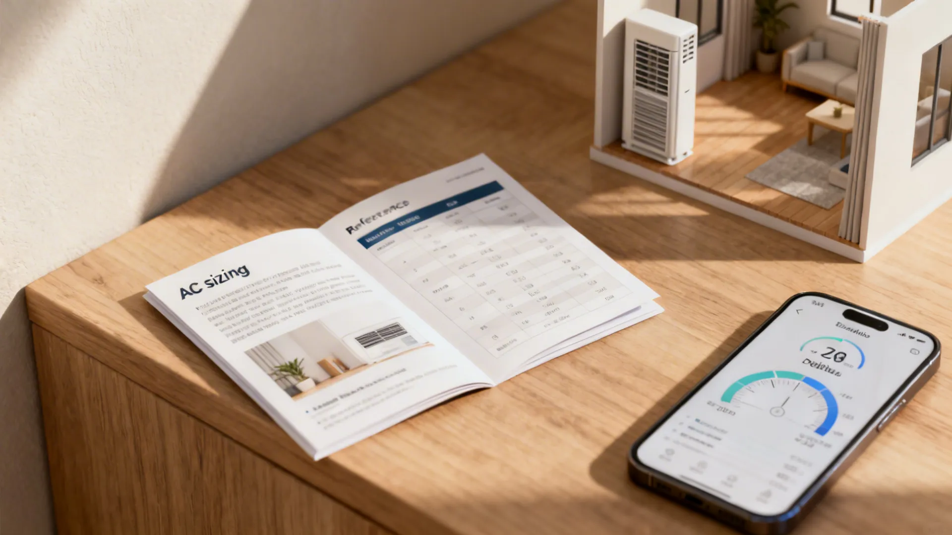 Close-up of an AC sizing reference booklet and smartphone showing specs in a well-lit corner.