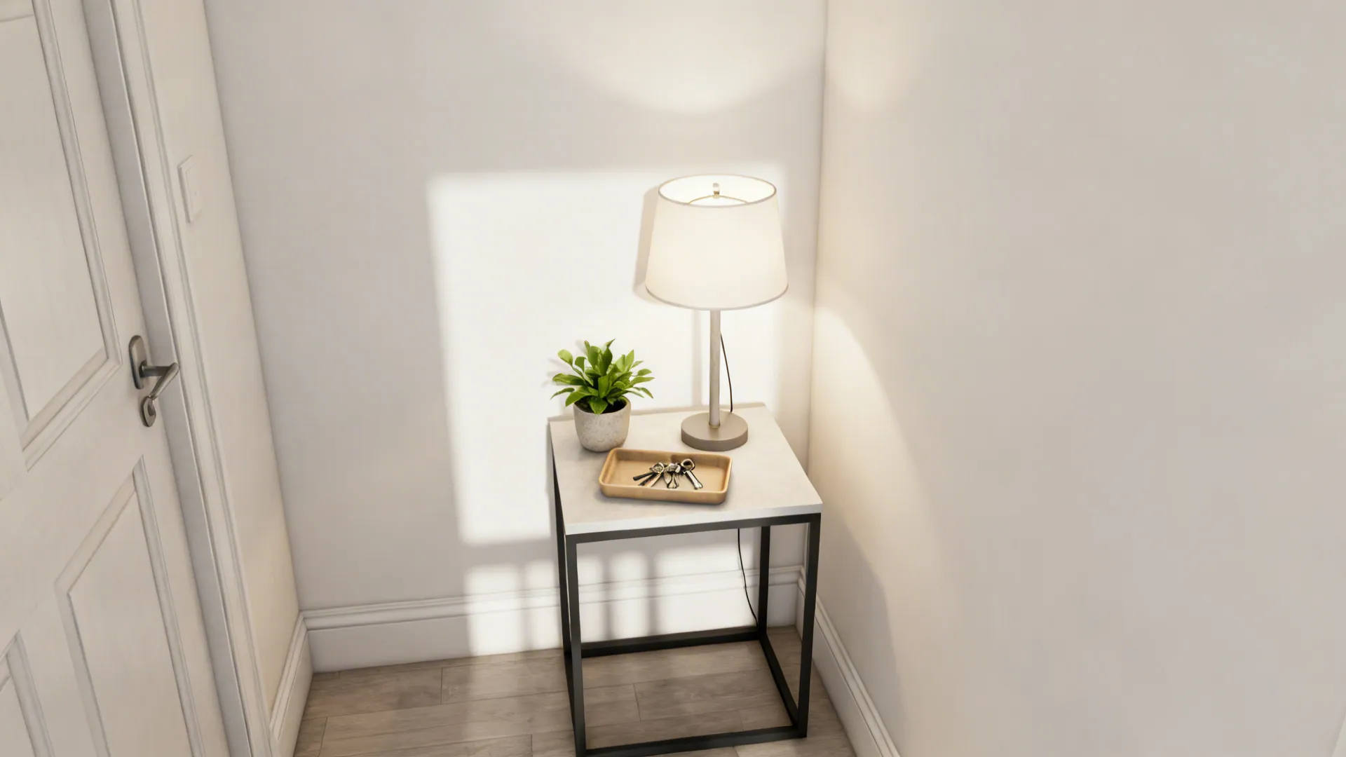 Minimal accent table with lamp, plant, and tray demonstrating styling and safety tips for small spaces.