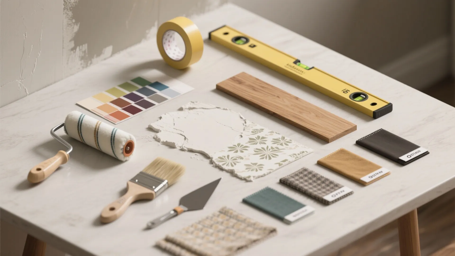Interior design tools on white table including paint roller brush level tape and colorful material swatches