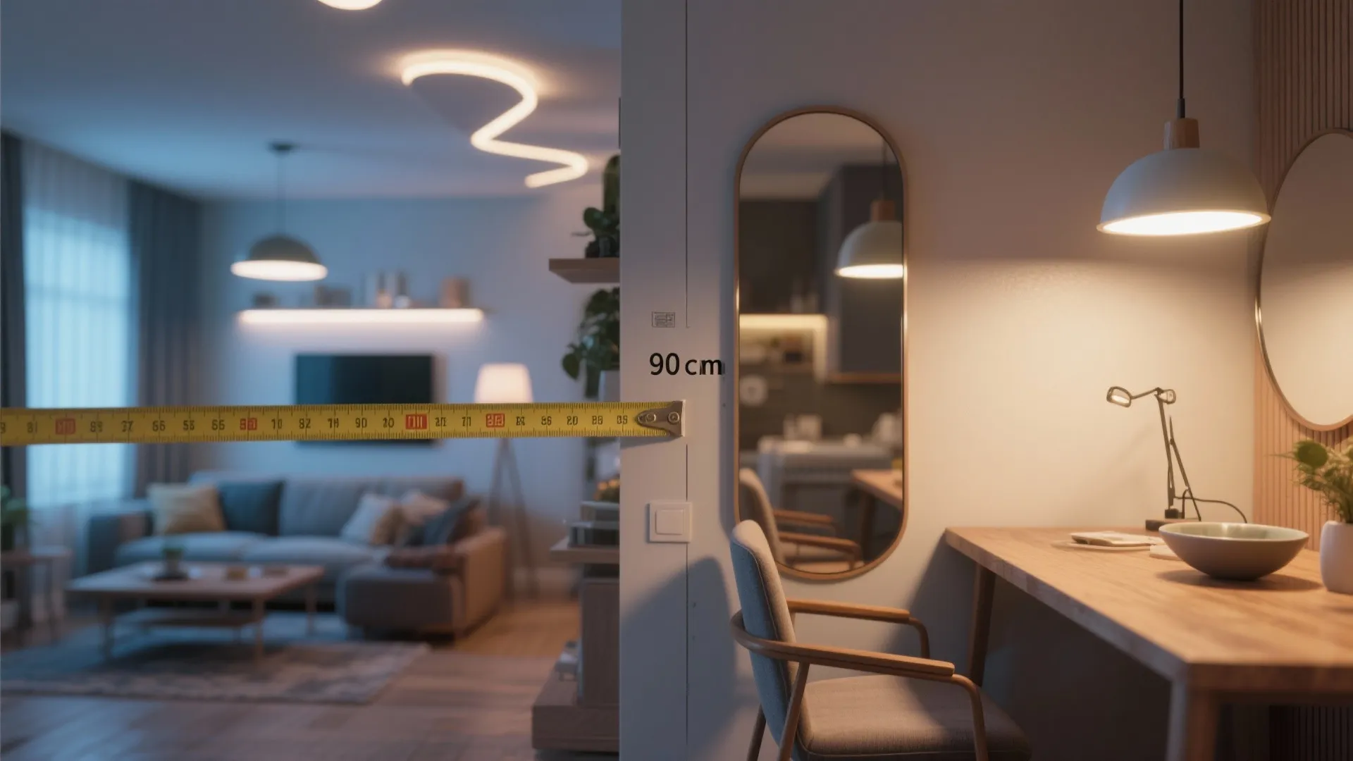 Interior design drawing showing yellow measuring tape against white wall near wooden desk and mirror