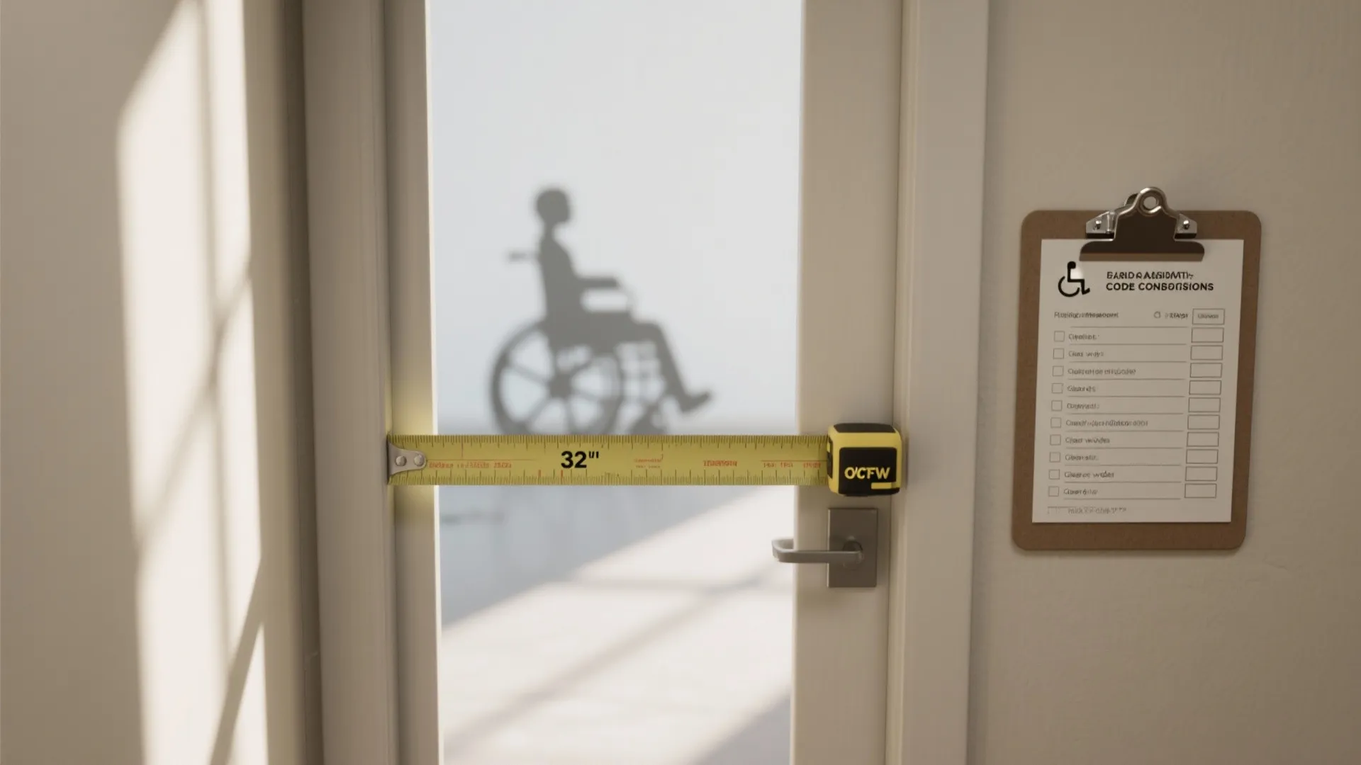 Measuring doorway width with yellow tape showing 32 inches and checklist for wheelchair users silhouette