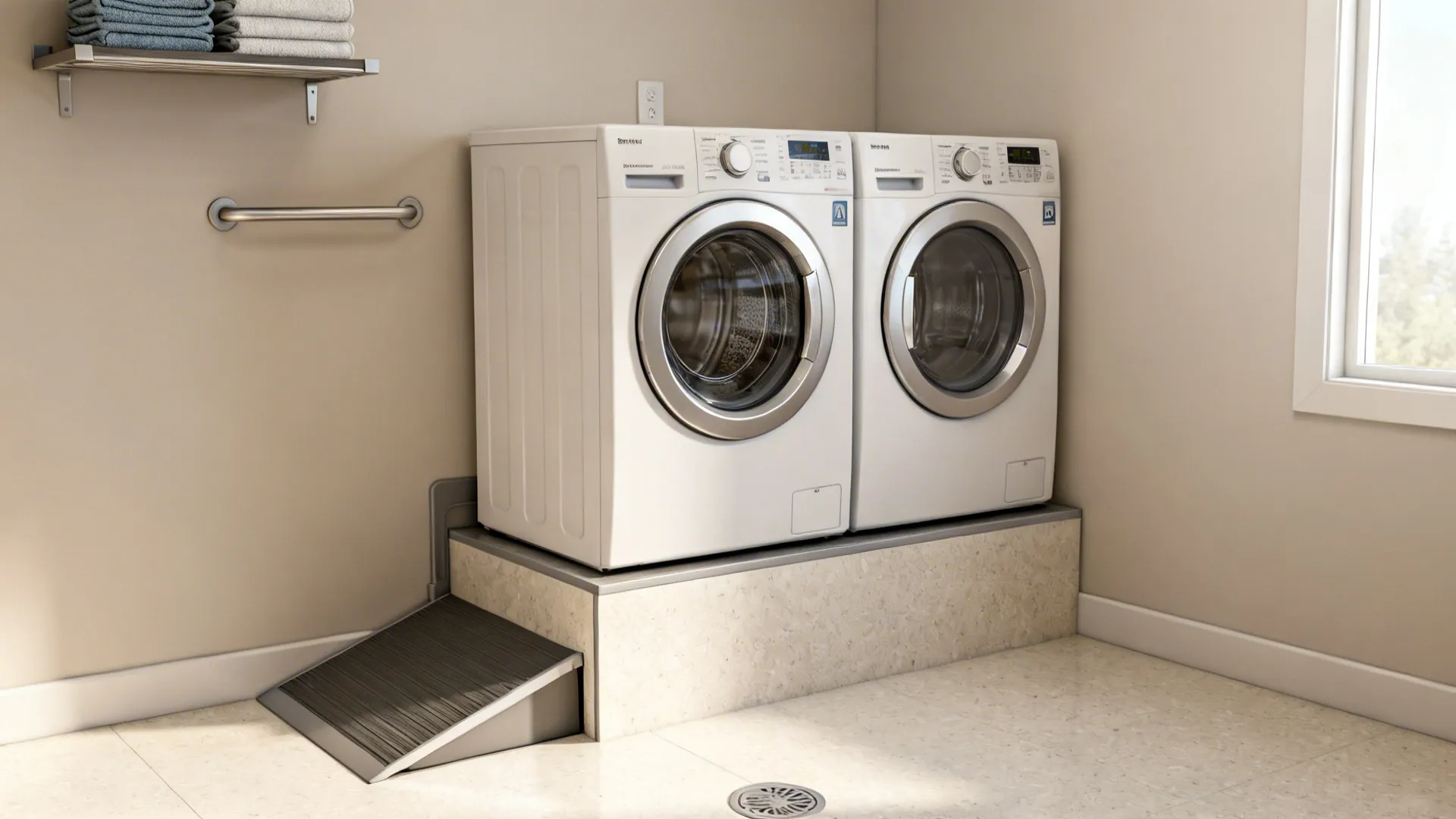 Accessible small laundry layout with front-loading machines on pedestals and clear turning space.