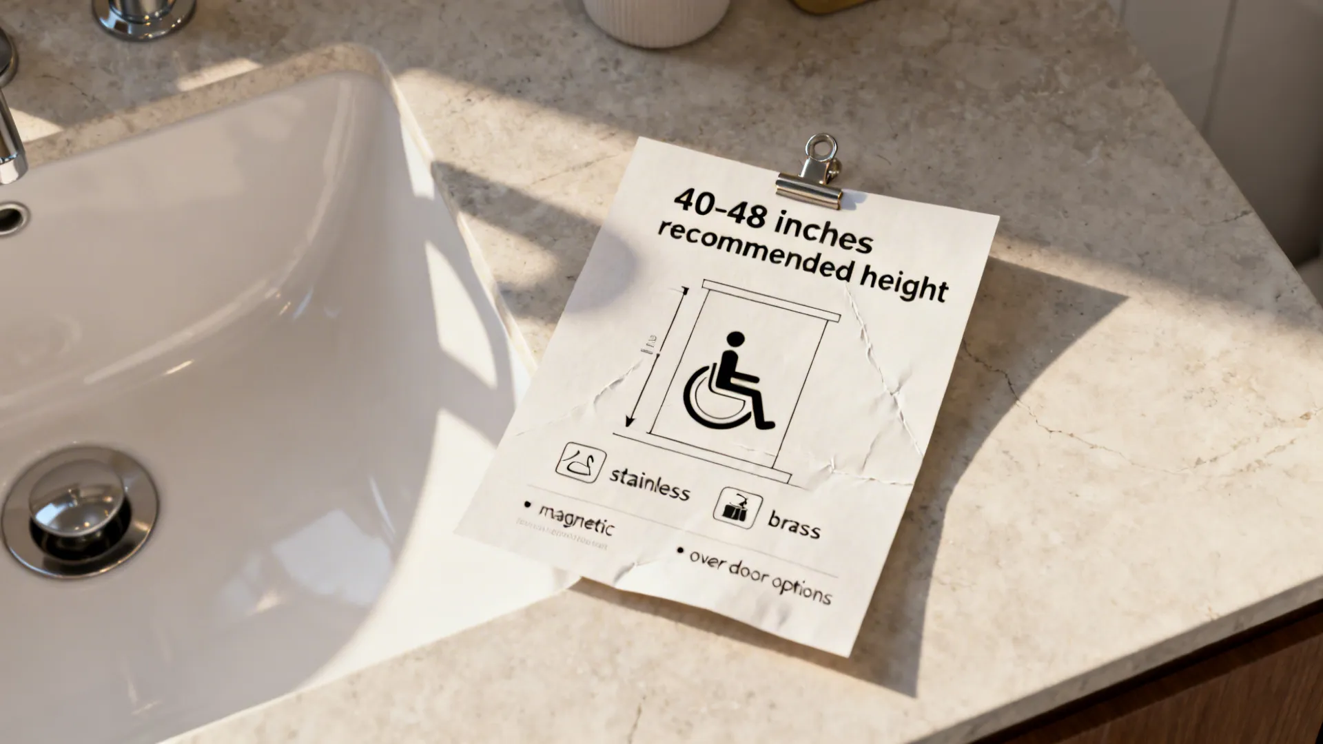 Accessibility guide on marble counter showing recommended installation height for wheelchair users near white bathroom sink