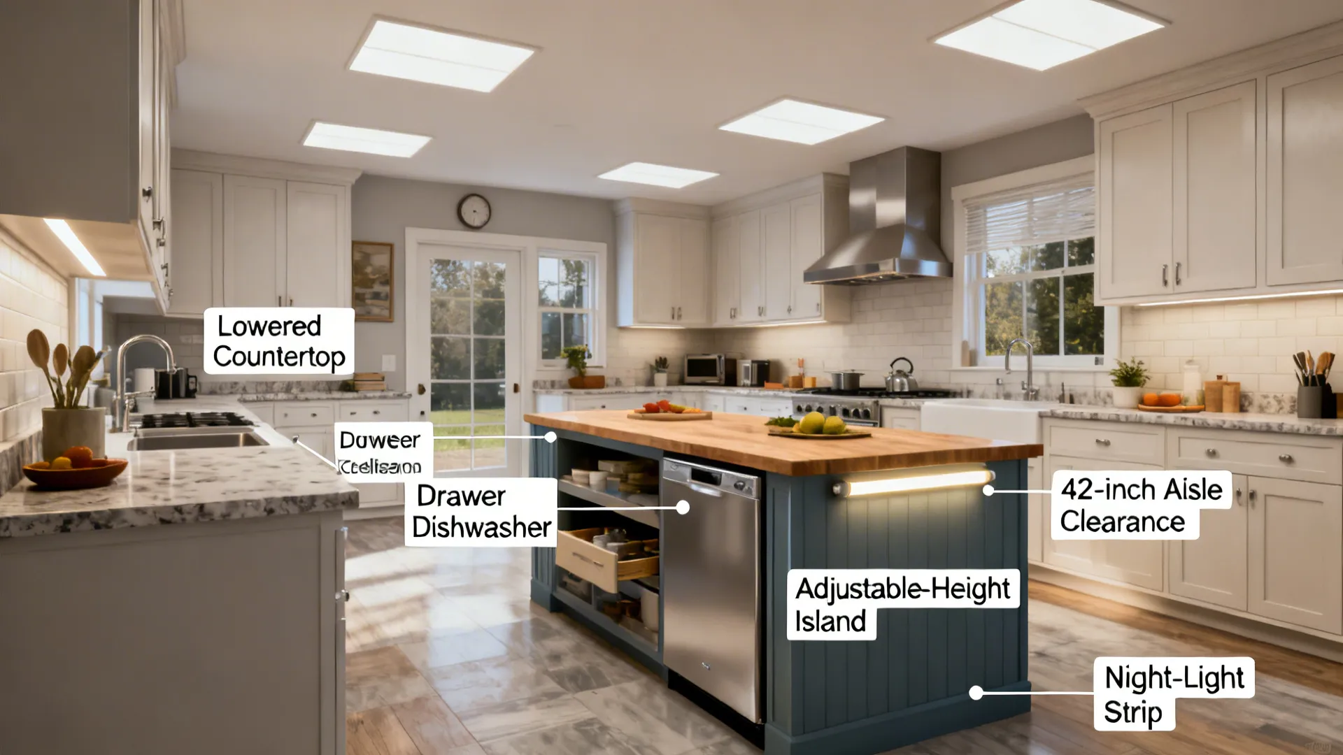 Kitchen visualization highlighting accessibility features like lowered counters, adjustable island, and wide aisles.