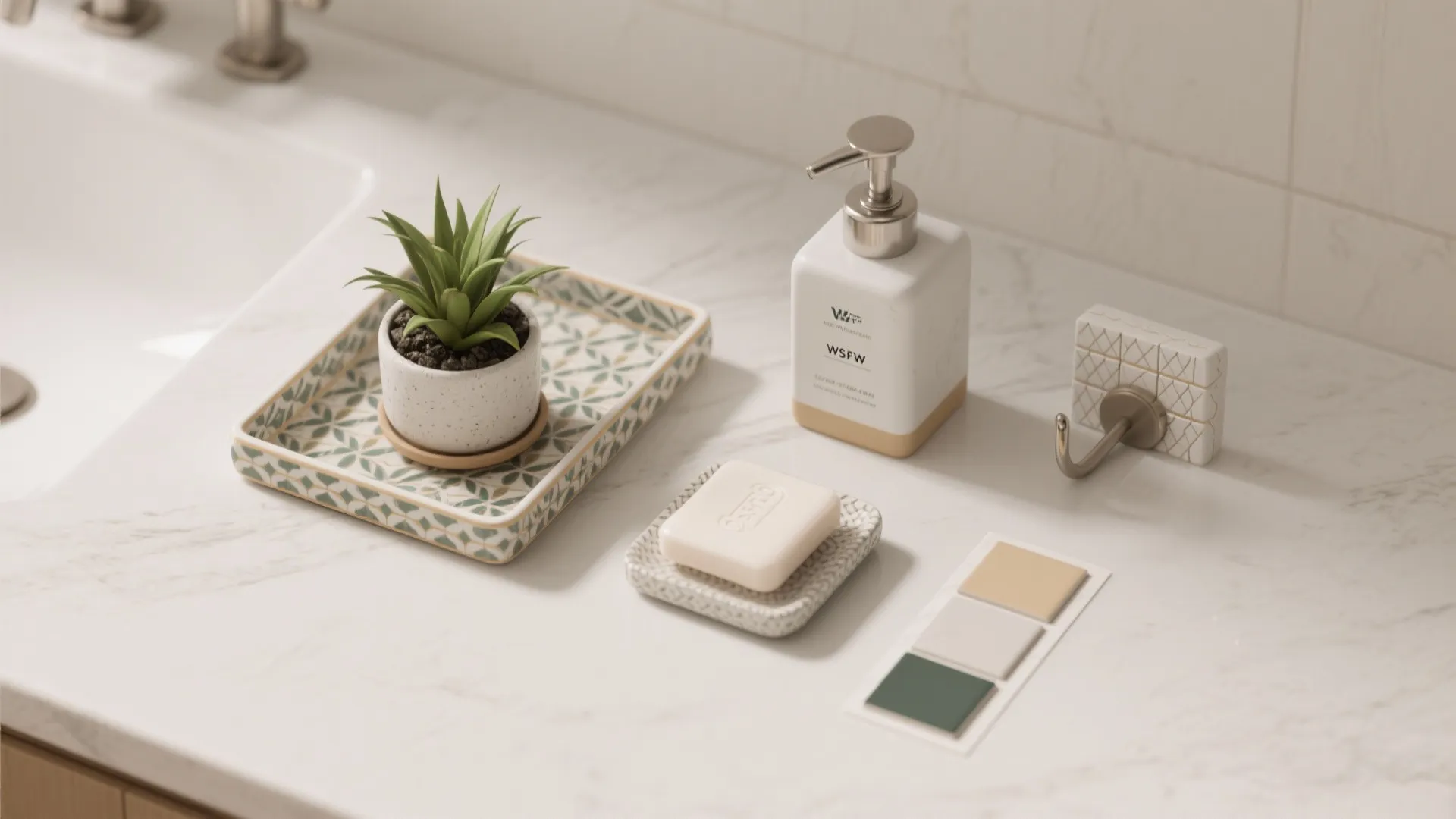 Bathroom counter with small green plant in tray soap bar dispenser wall hook and swatches