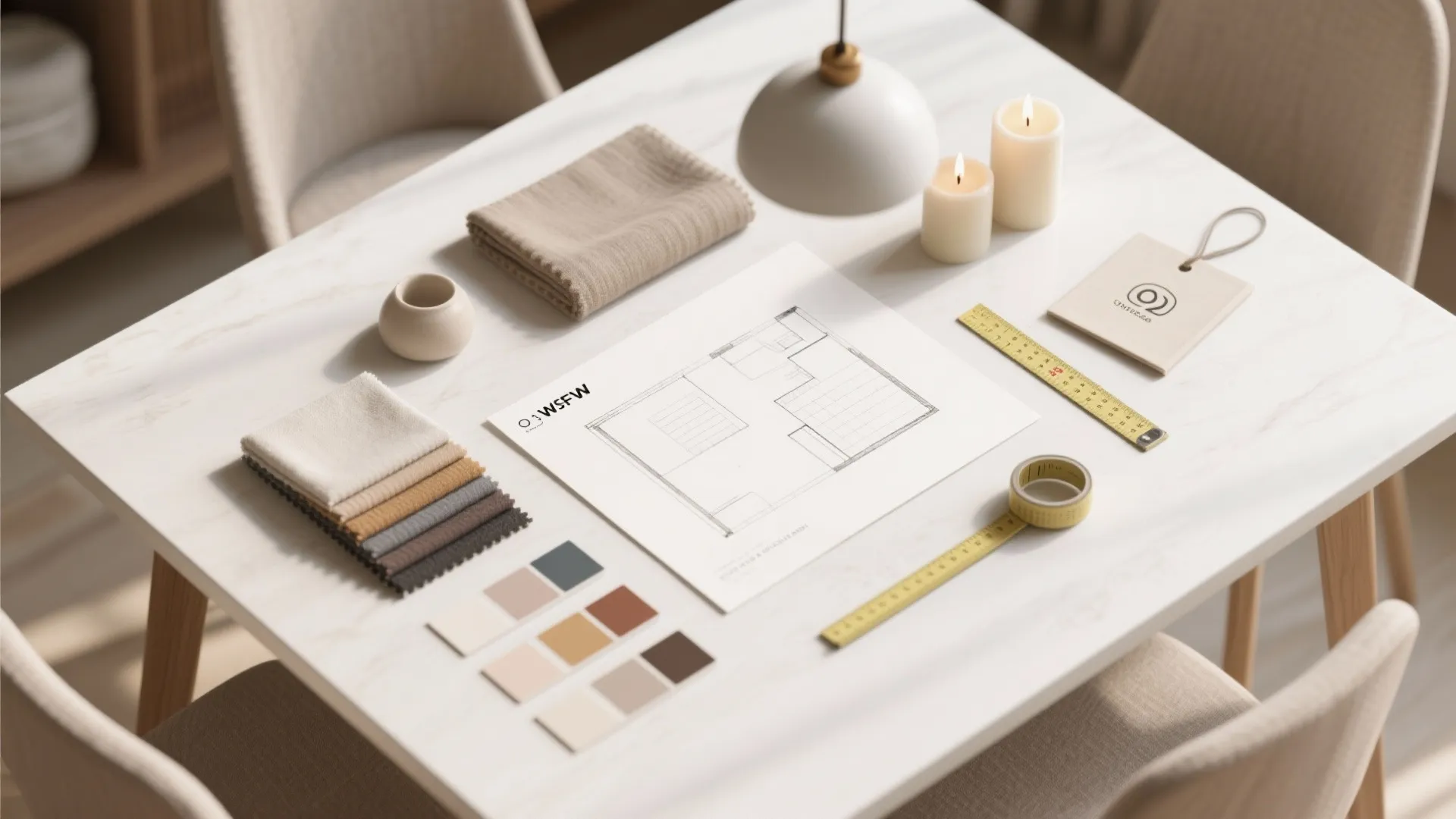 Top-down flatlay of dining room accessories, fabric swatches, and a simple floorplan sketch for planning.