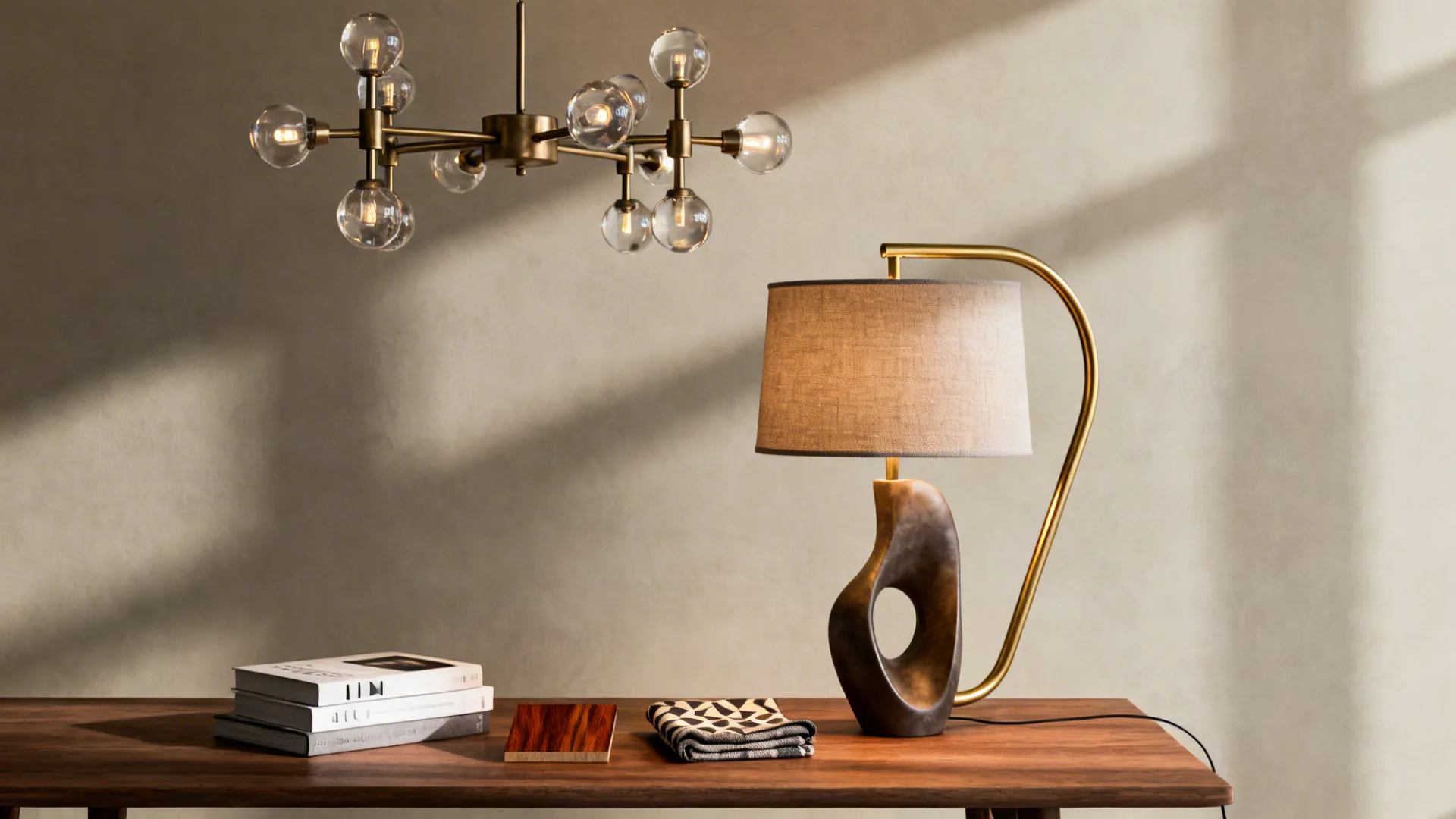 Mid-century lighting and accessories including a sputnik pendant and fabric swatches