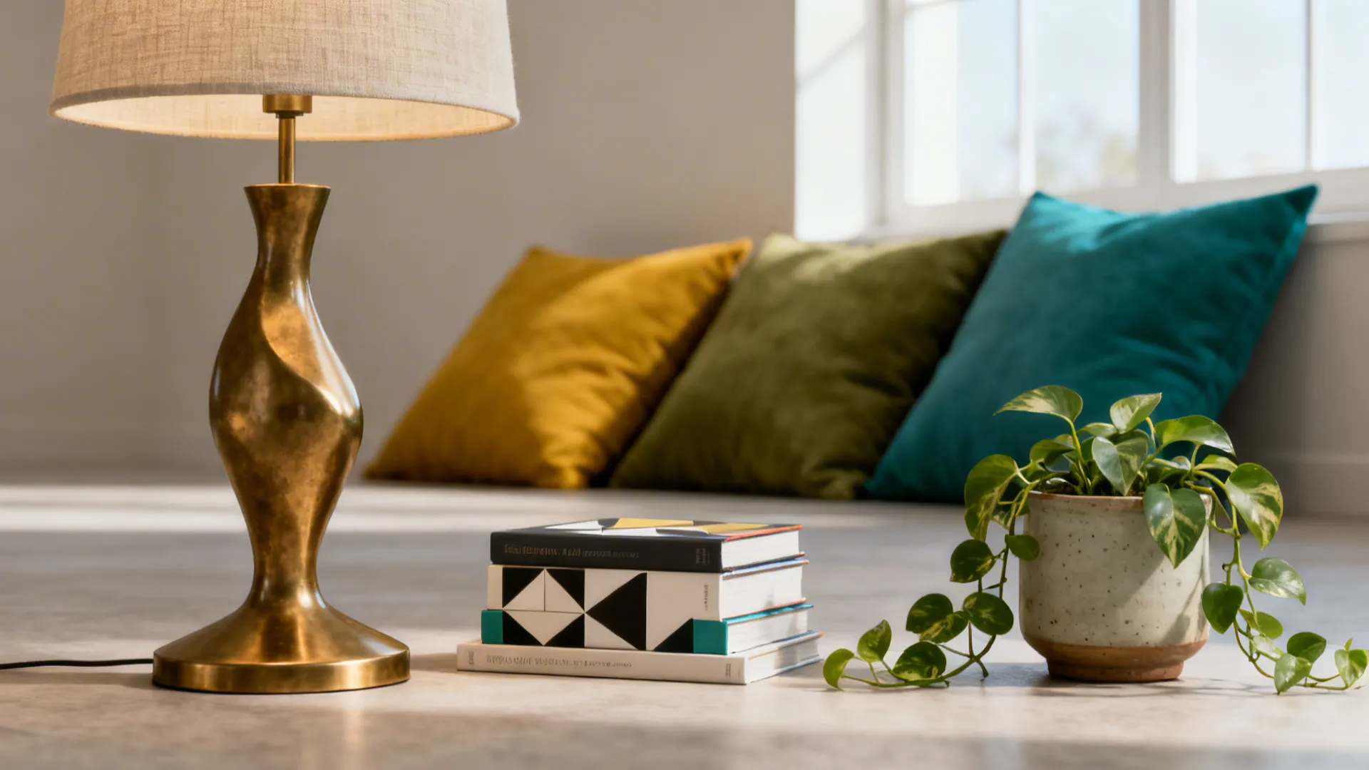 Mid-century floor lamp, books, and cushions illustrating common FAQ topics about styling and lighting.