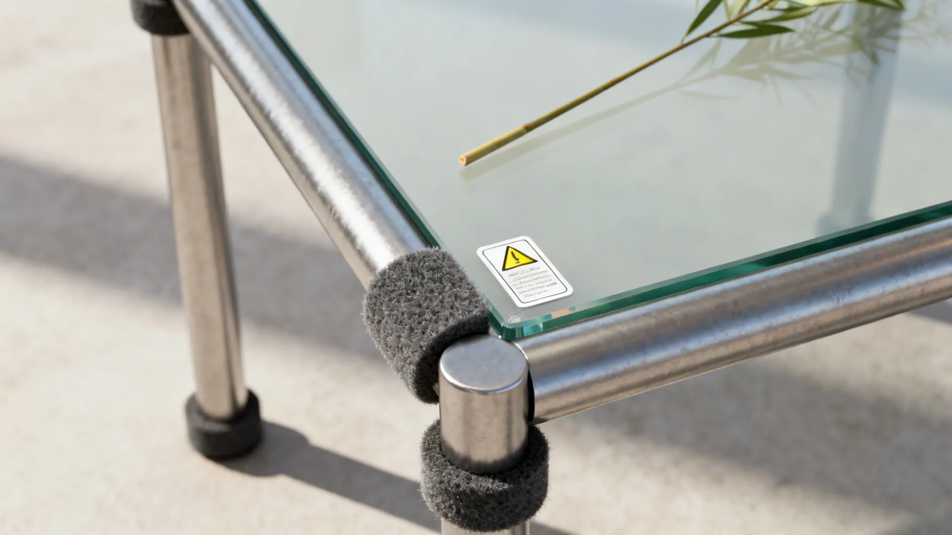 Felt pads, tempered glass hint, and minimal styling items for a metal end table.