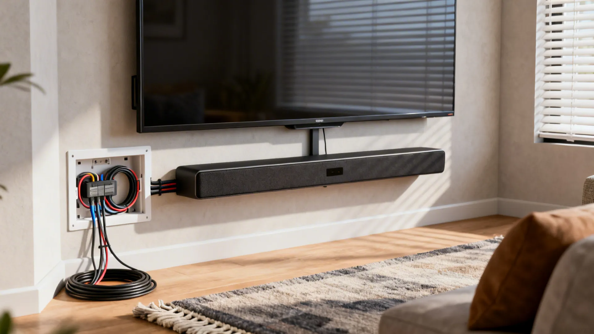 Accessories for corner TV setups including cable kit, soundbar, blinds and acoustic soft furnishings.