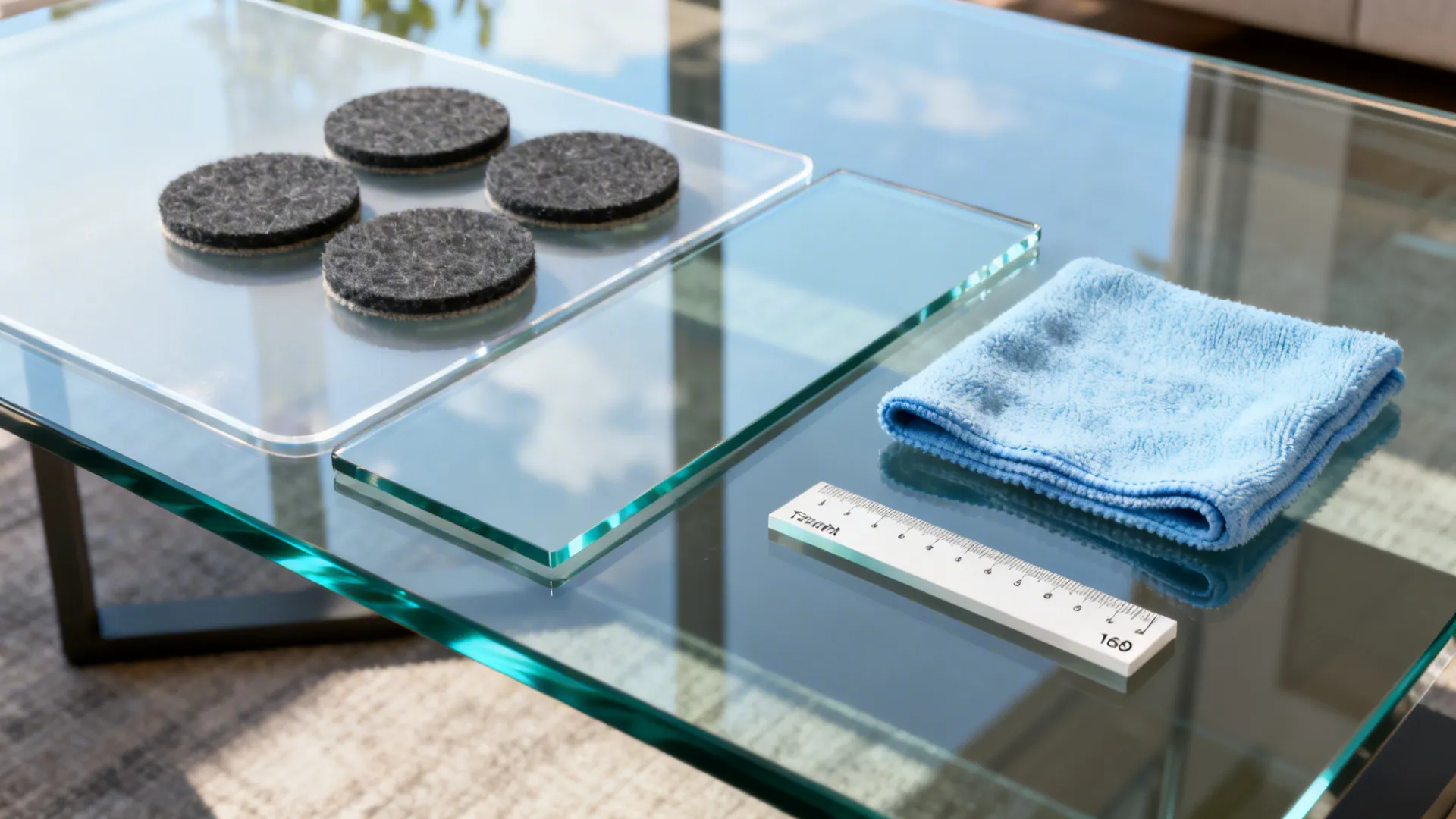 Glass furniture maintenance kit with glass samples felt pads white ruler and a blue cloth