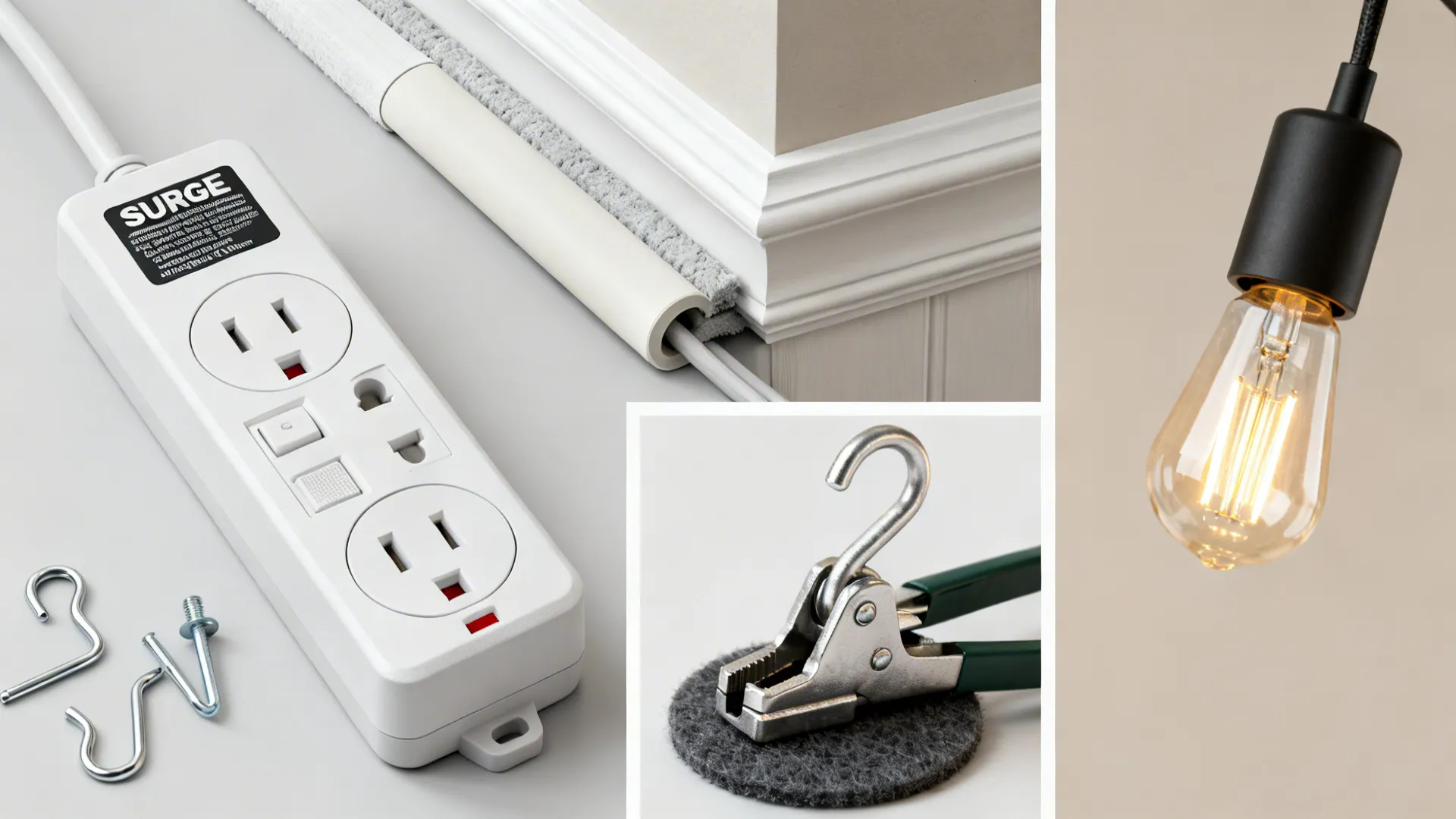 Safety accessories for plug-in lighting: surge protector, paintable cord cover, felt pad, and dimmable bulb.