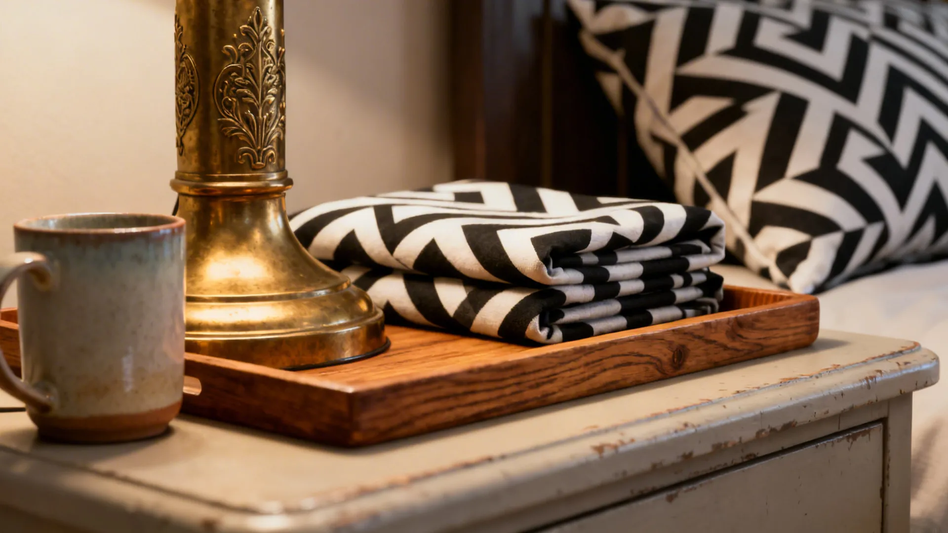 Wooden tray with black and white patterned fabric on bedside cabinet next to gold lamp