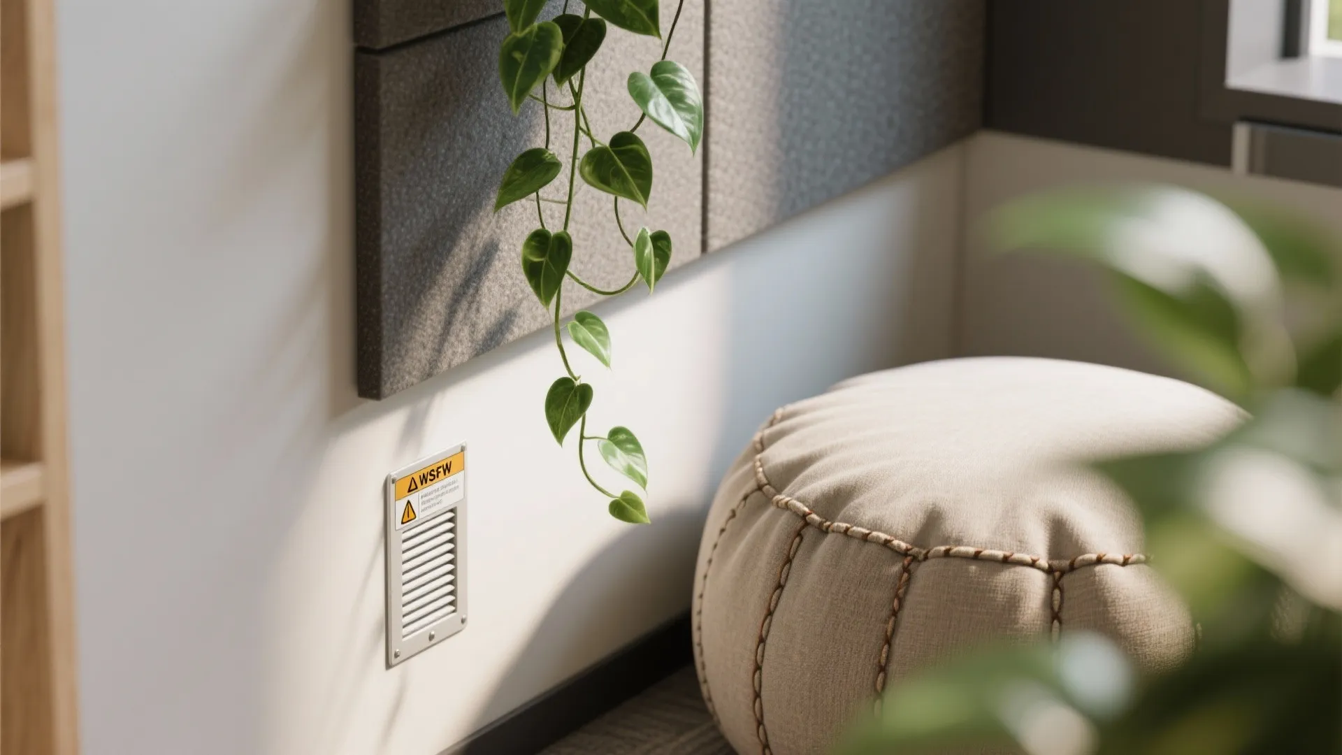Cozy corner with wall light and plant next to a soft footrest for comfortable office seating