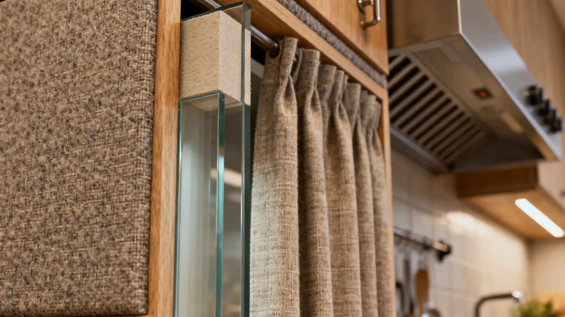 Detail of glazed panel and soft textiles showing acoustic and maintenance considerations.