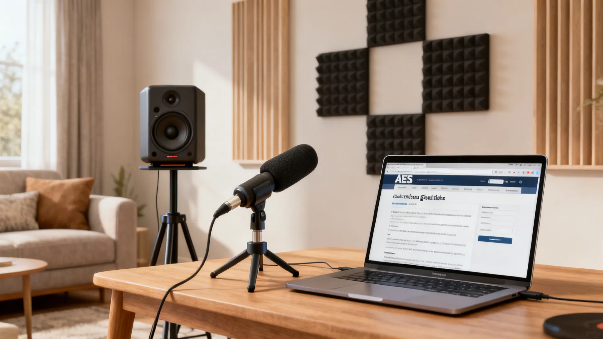 Home testing setup with measurement microphone, laptop showing acoustics reference, and a compact speaker for placement testing.