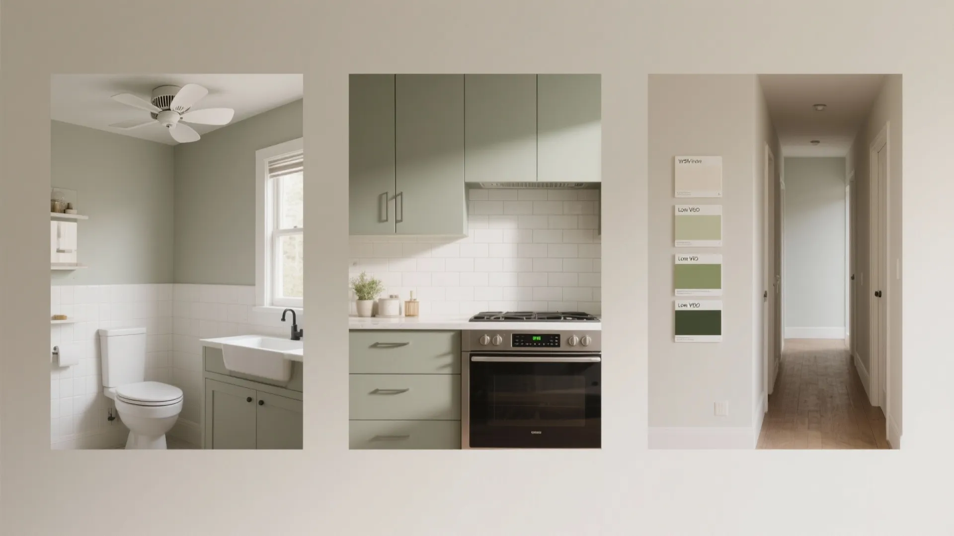 Three vertical images showing green bathroom tiles green kitchen cabinets and colorful wall paint samples
