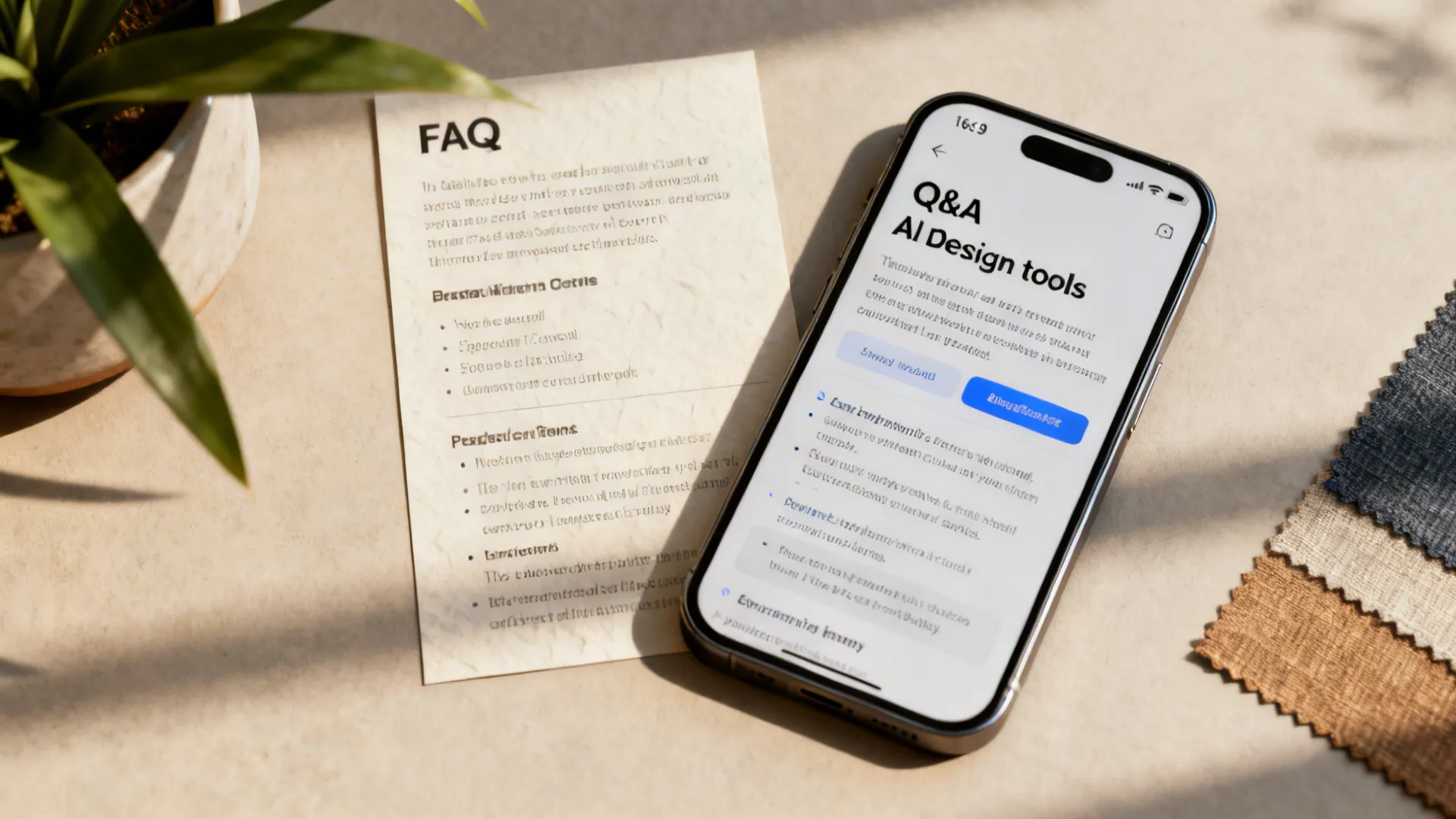 Printed FAQ card and smartphone showing questions and answers about using AI design tools.