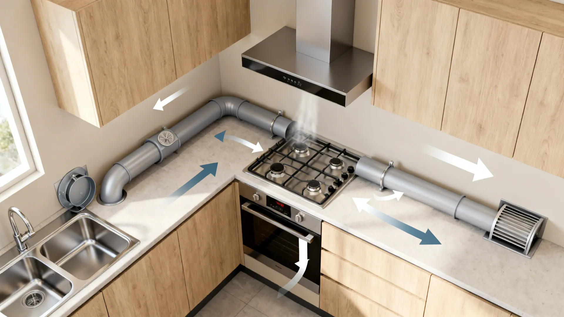 Top-down kitchen visual showing exhaust near the cooktop and makeup air from the opposite side.
