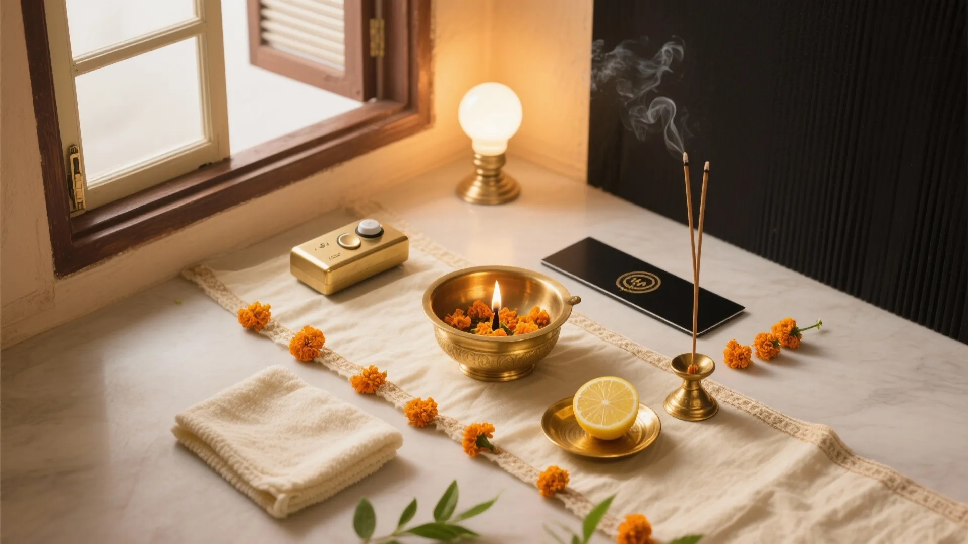Interior scene with brass bowl, burning candle, incense sticks, orange flowers, and warm window light